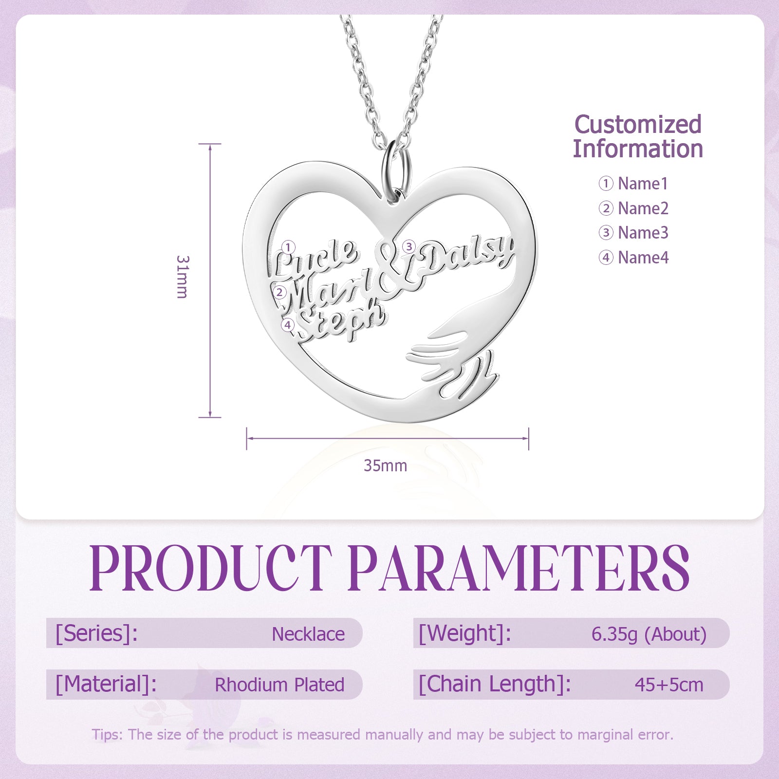 Heart-shaped white gold plated necklace pendant with custom engraved names and delicate chain.