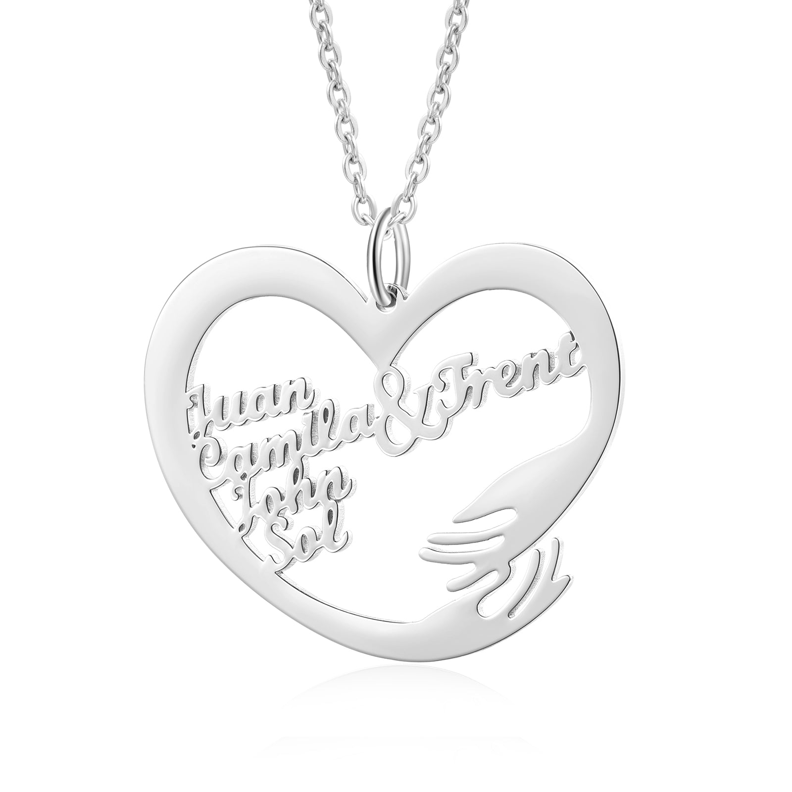 White gold plated heart-shaped necklace pendant with "Just Friend Not Yet" text and hand design.