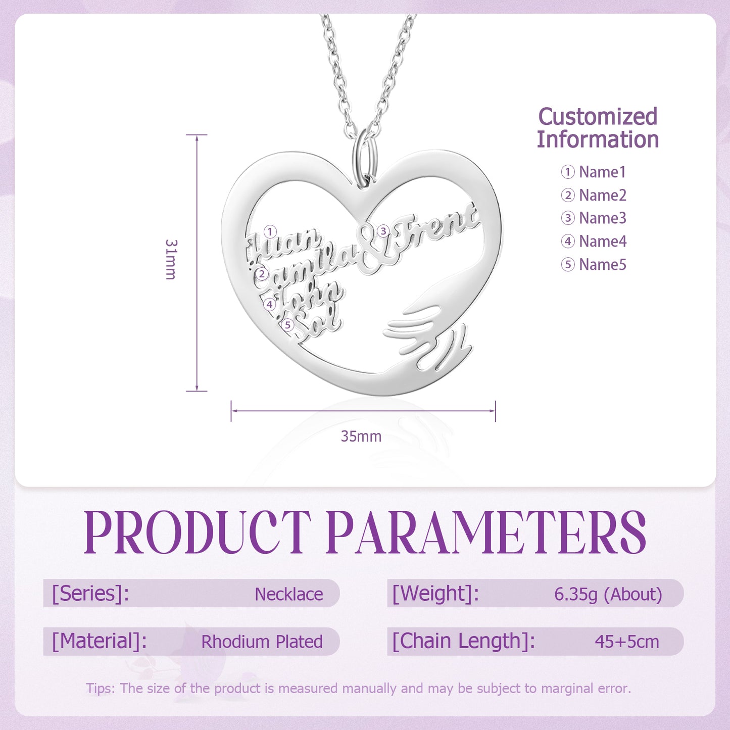 White gold plated heart-shaped necklace with hugging hands and custom name engraving on a 45cm chain.