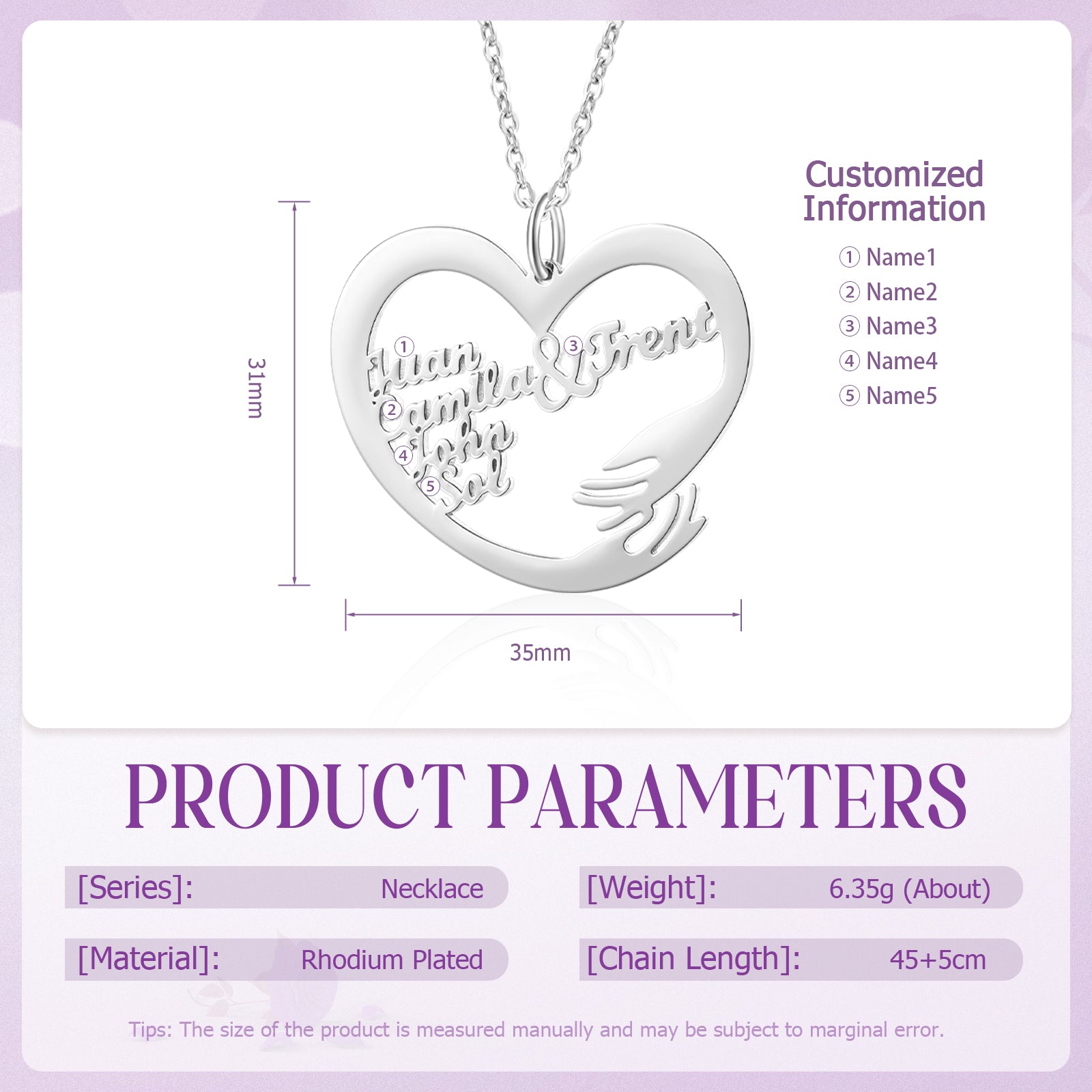 White gold plated heart-shaped necklace with hugging hands and custom name engraving on a 45cm chain.
