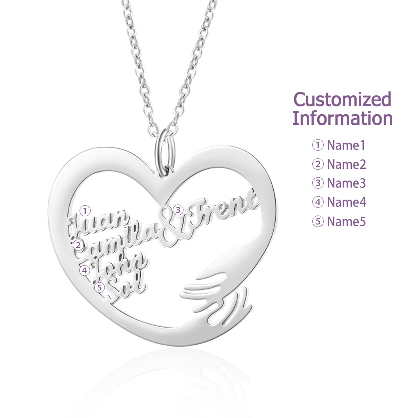 White gold plated heart-shaped necklace pendant with hugging hands and cursive custom name engraving.
