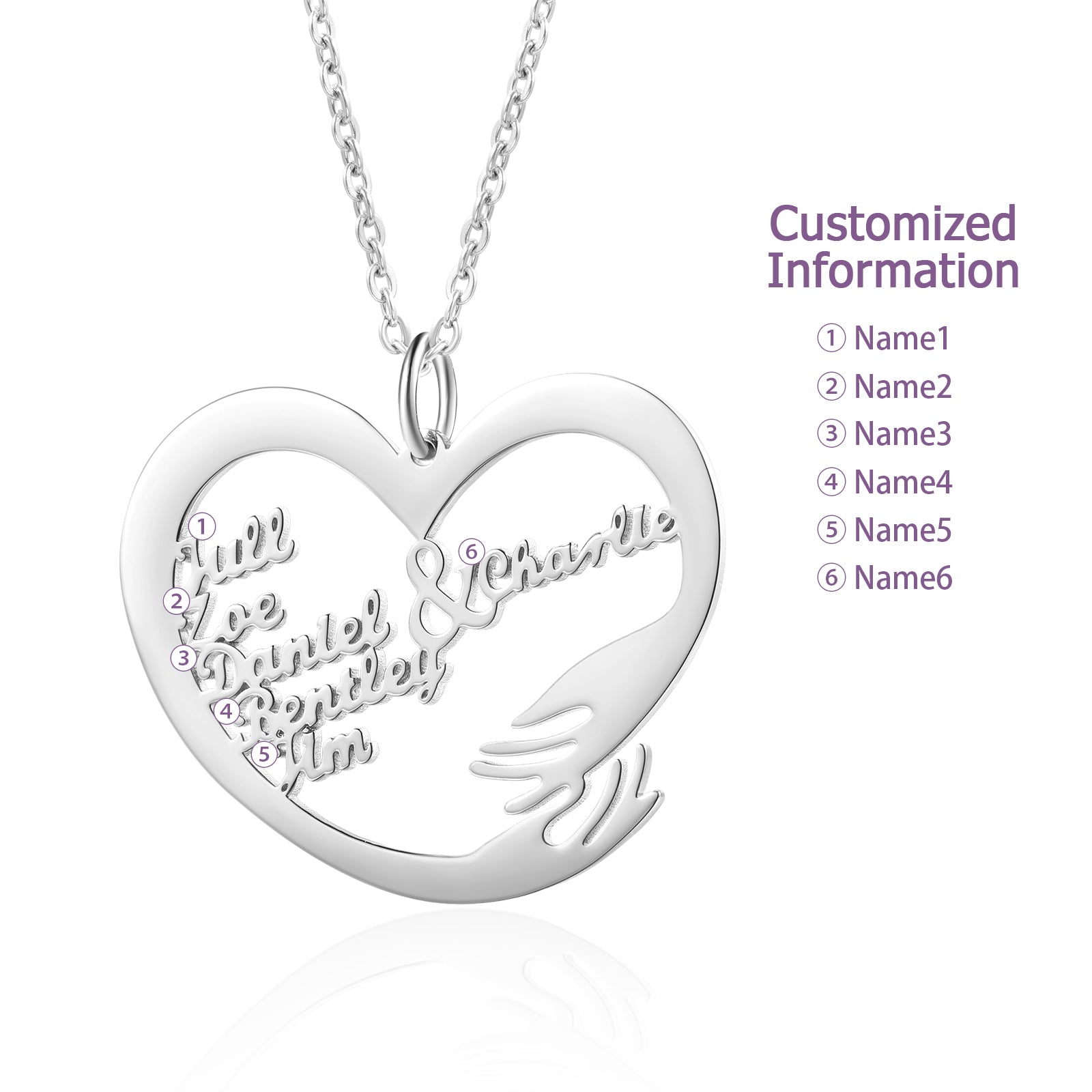 Silver white gold plated heart-shaped necklace pendant with two hugging hands and customizable names inside.