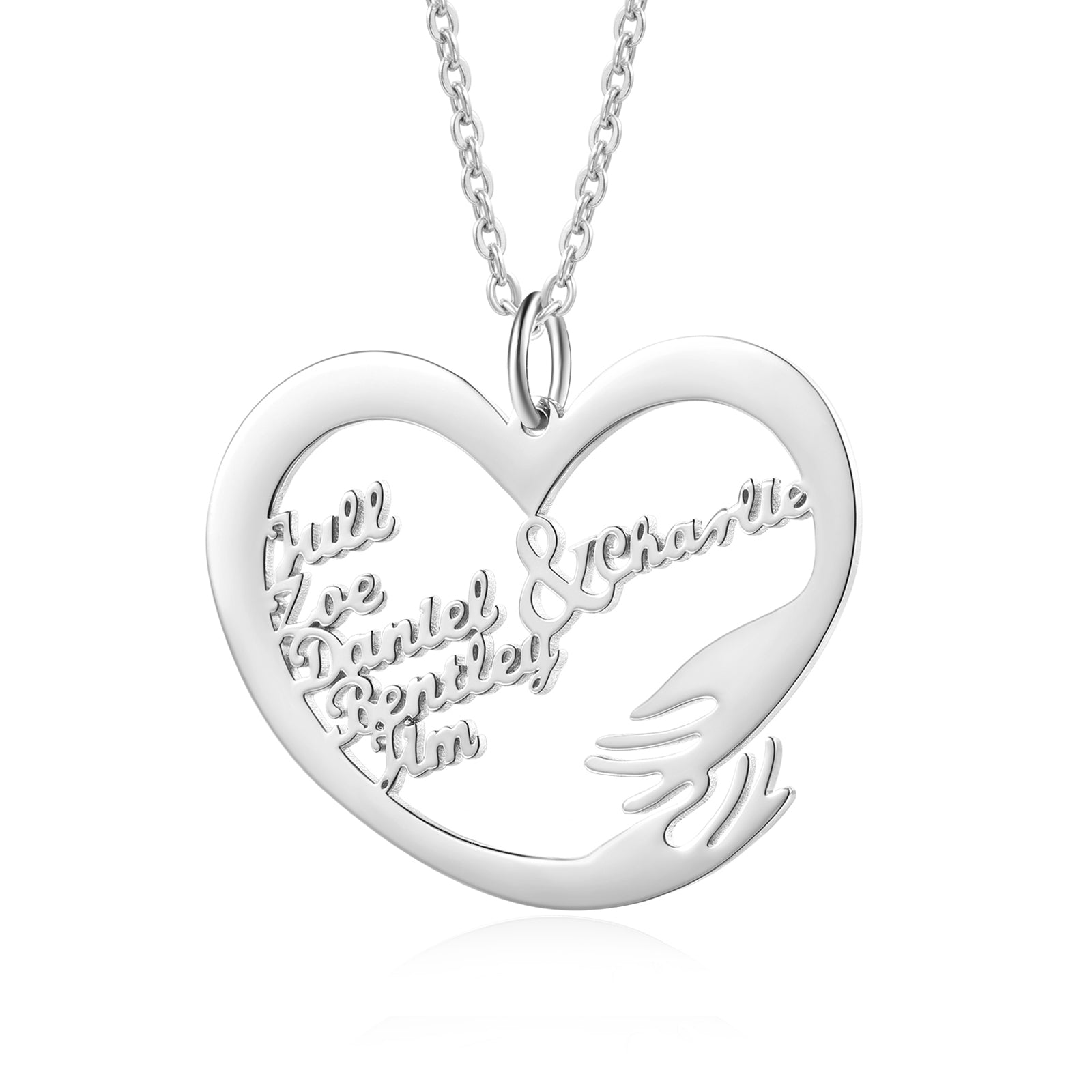 White gold plated heart-shaped pendant necklace with three custom names and a hugging arm detail.