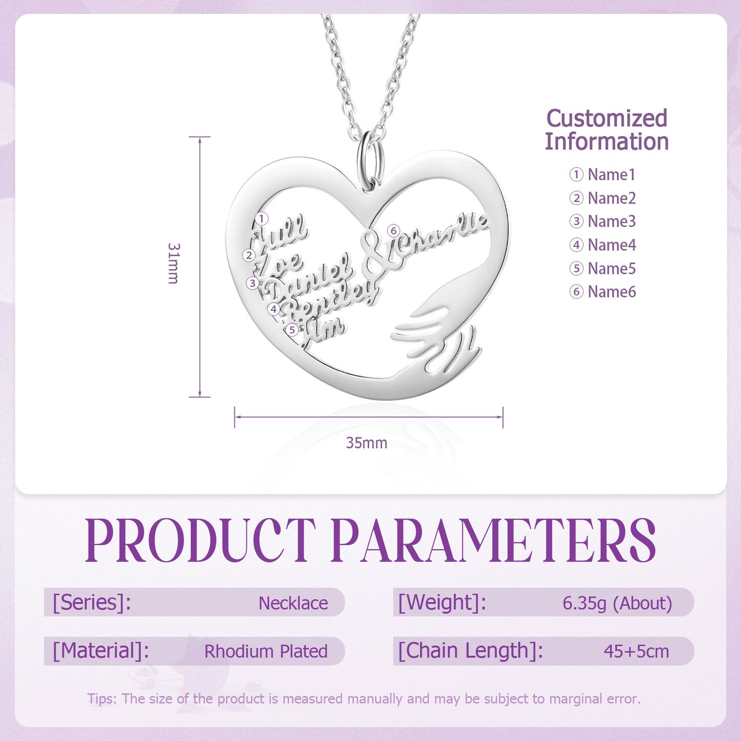 Heart-shaped silver pendant necklace with two stylized hugging arms and customizable names inside, 35mm wide on a 45cm chain.