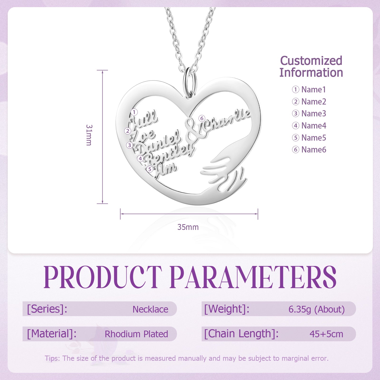 Heart-shaped silver pendant necklace with two stylized hugging arms and customizable names inside, 35mm wide on a 45cm chain.