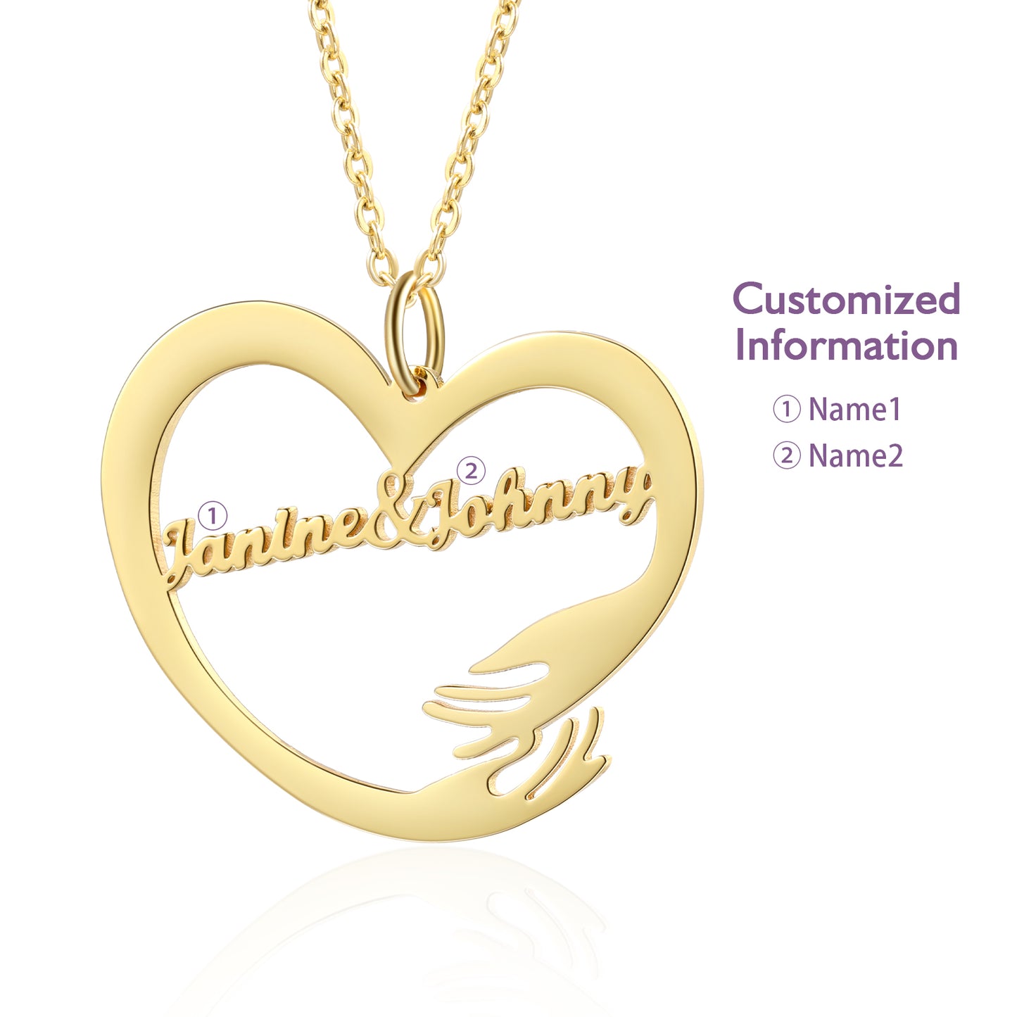 Gold plated heart necklace with two hugging arms and custom names in cursive script.