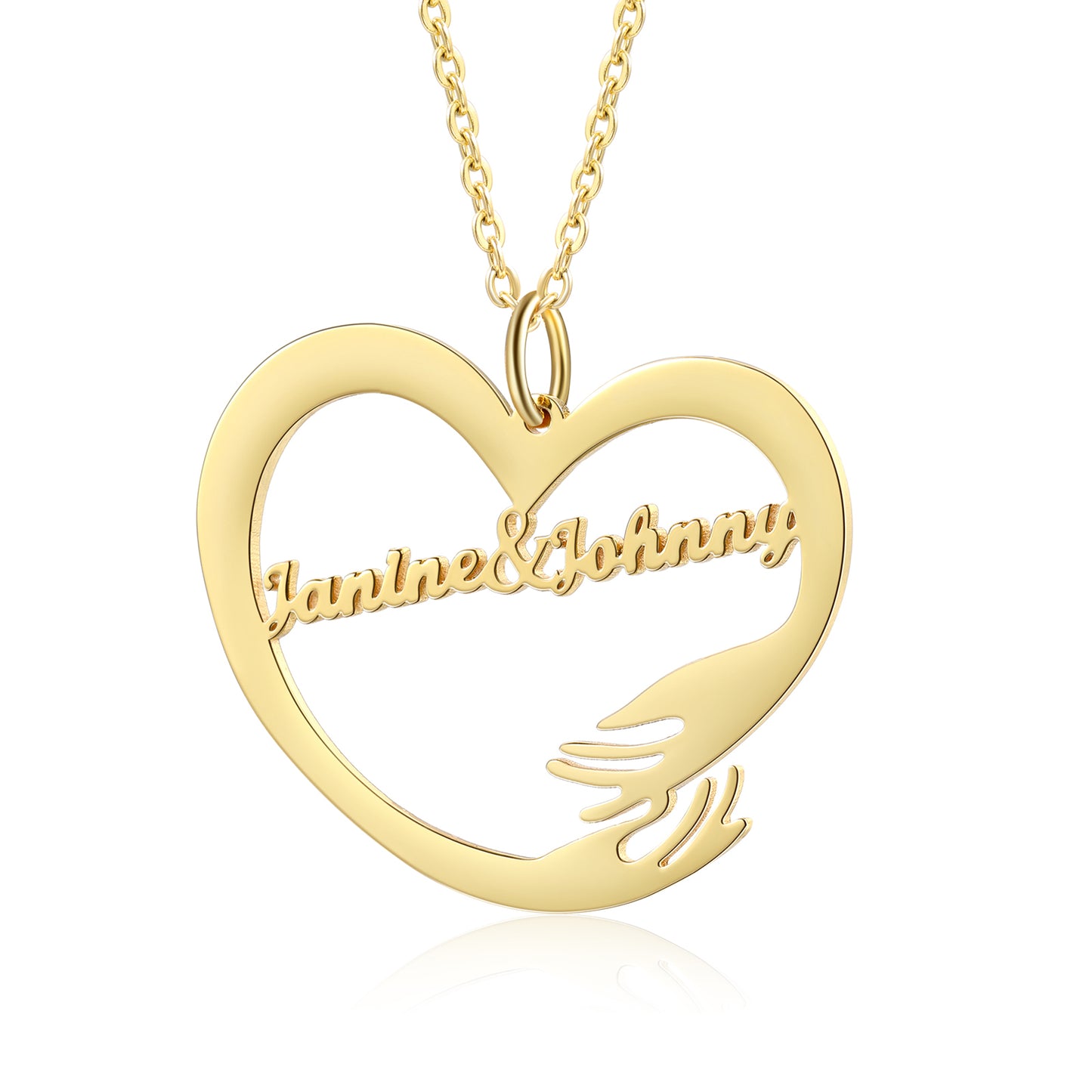 Gold-plated heart-shaped necklace with two names embraced by stylized hugging hands.