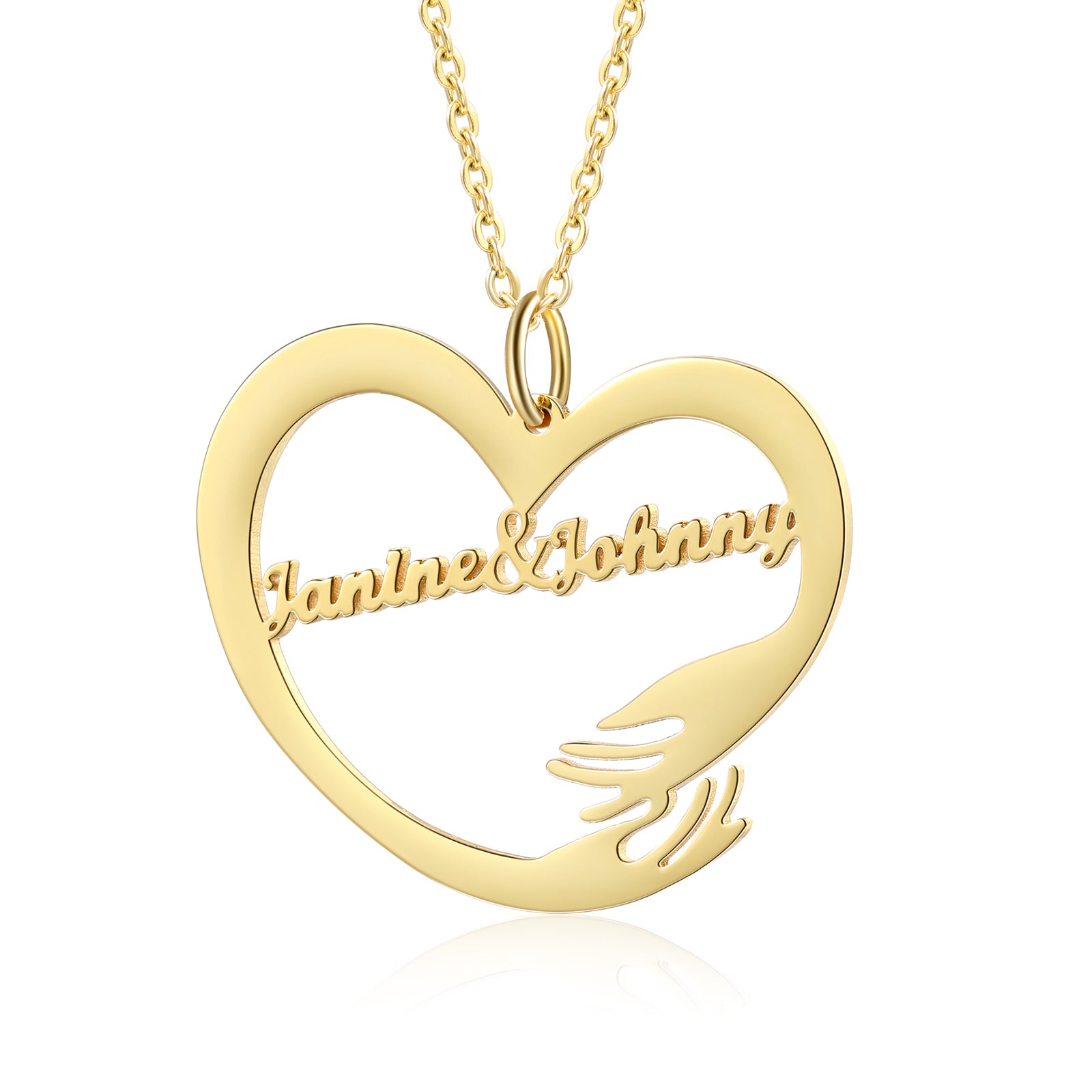Gold-plated heart-shaped necklace with two names embraced by stylized hugging hands.