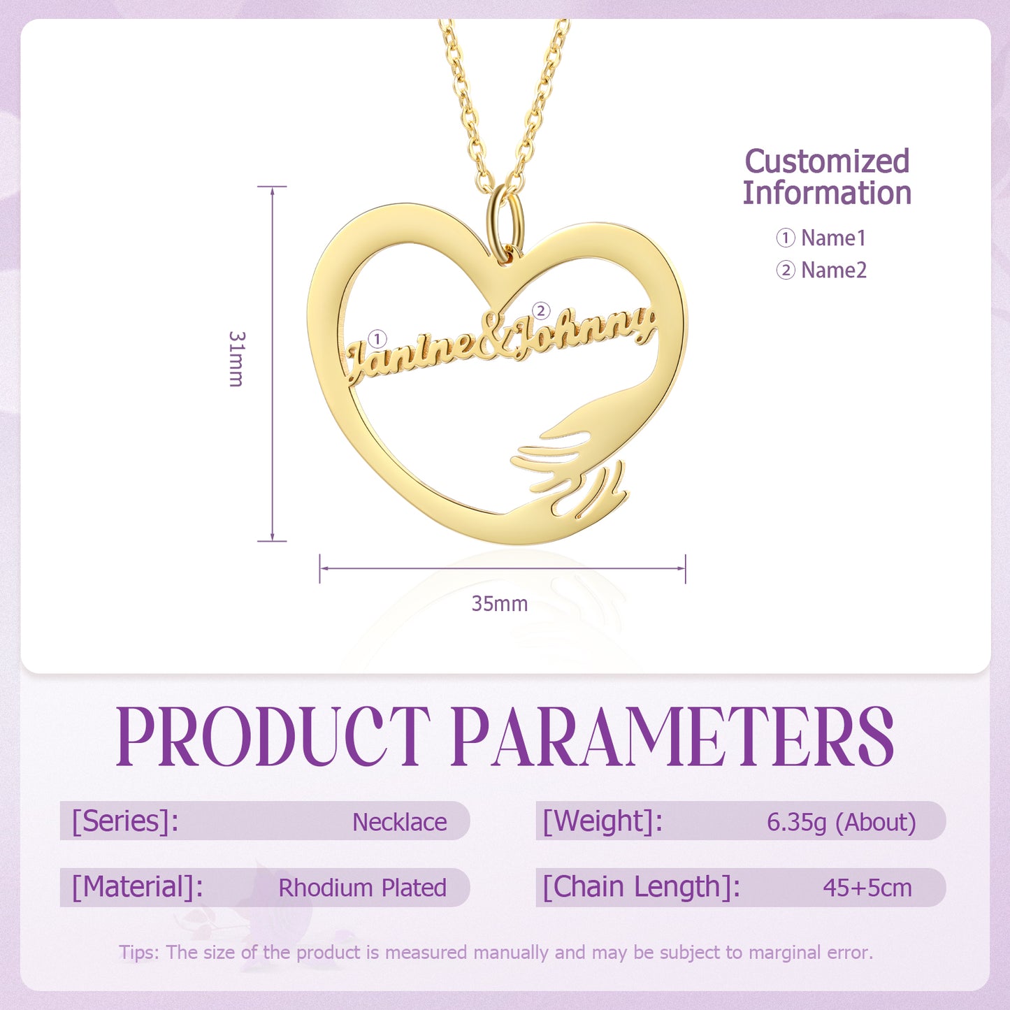Gold-plated heart-shaped necklace with custom script name and delicate chain, 35mm wide.
