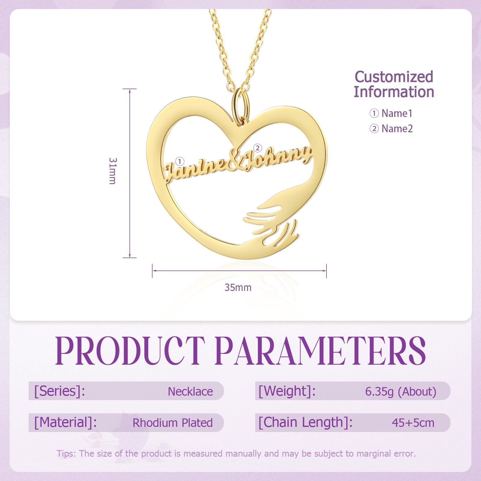 Gold-plated heart-shaped necklace with custom script name and delicate chain, 35mm wide.
