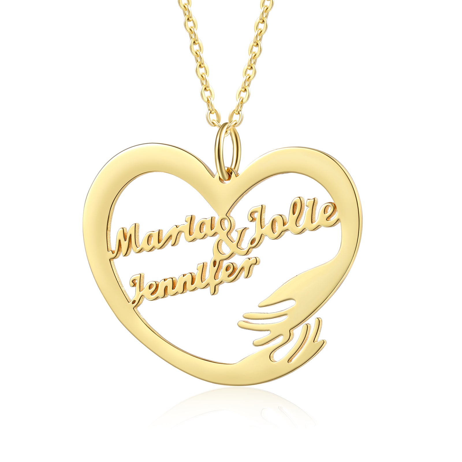 Gold-plated heart-shaped necklace with two names embraced by a hugging hand design.