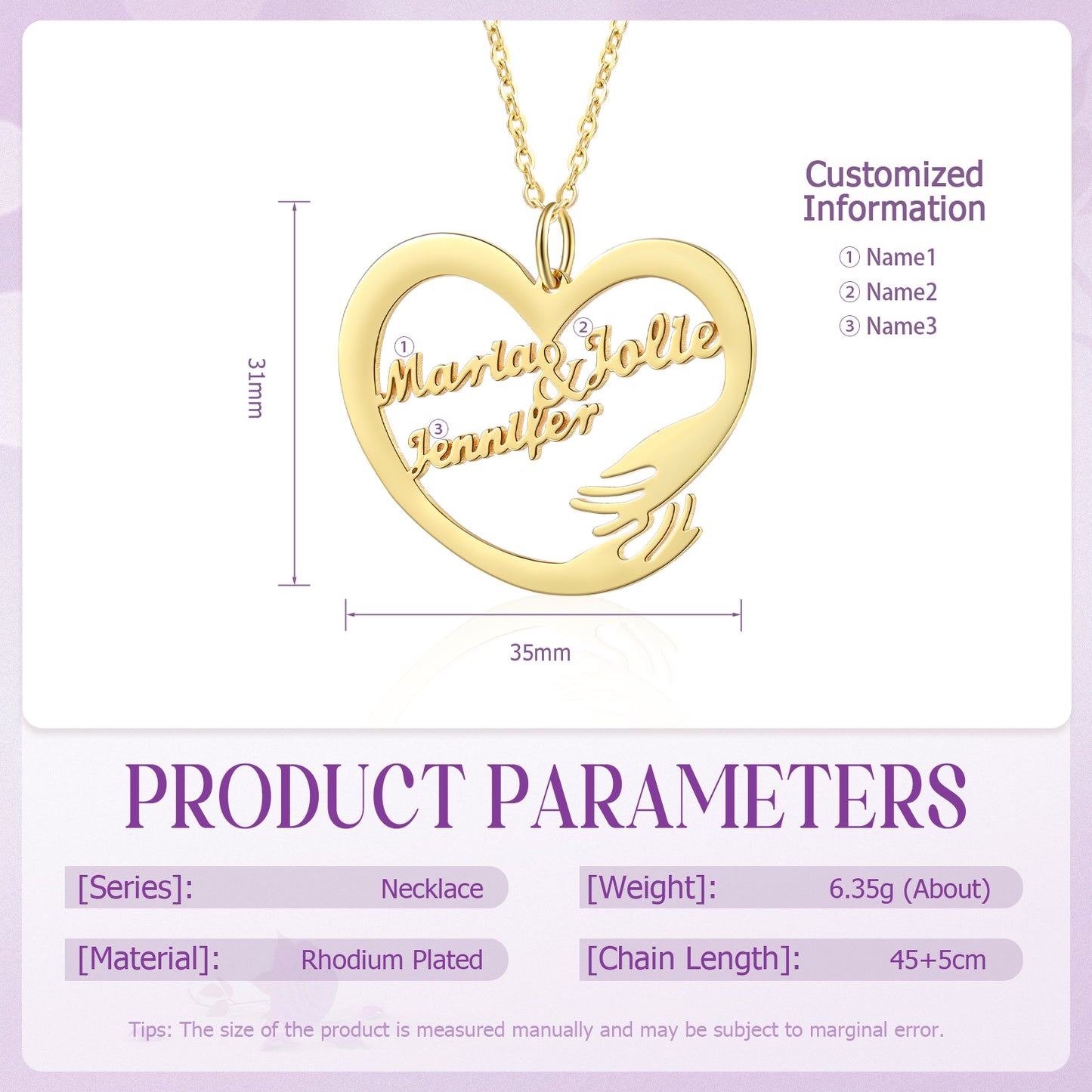 Gold plated heart-shaped necklace with three customized names inside and a hugging hand detail.