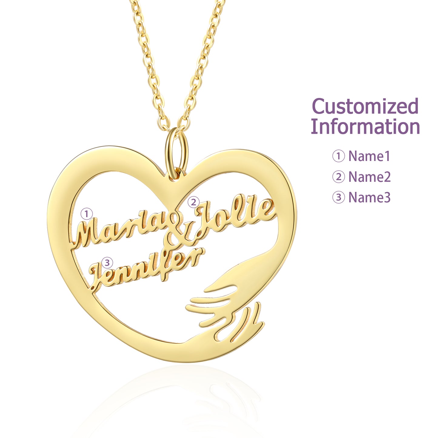 Gold-plated heart-shaped necklace with two custom names inside and a hugging hand detail.