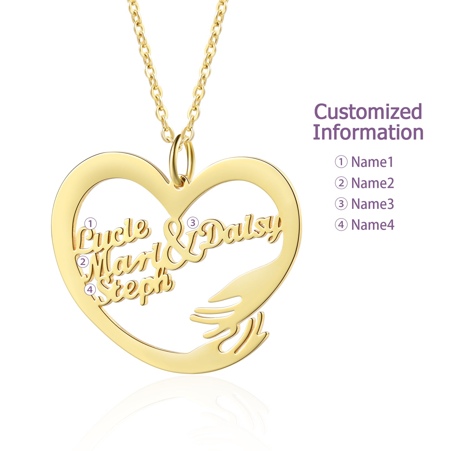 Gold-plated heart-shaped necklace with custom names and hugging hand detail on a chain.