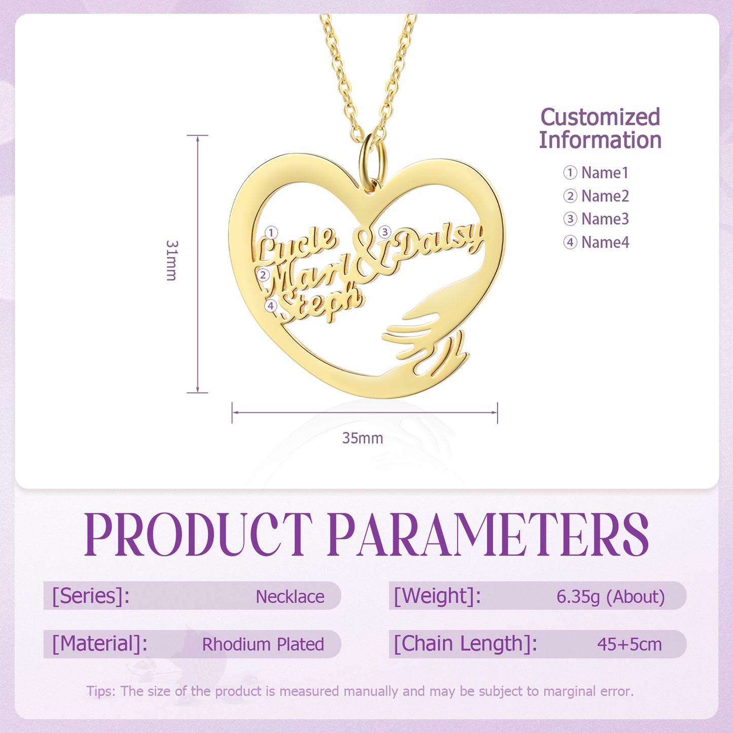 Gold plated heart-shaped necklace with two names inside and a hugging hand detail, 35mm wide.