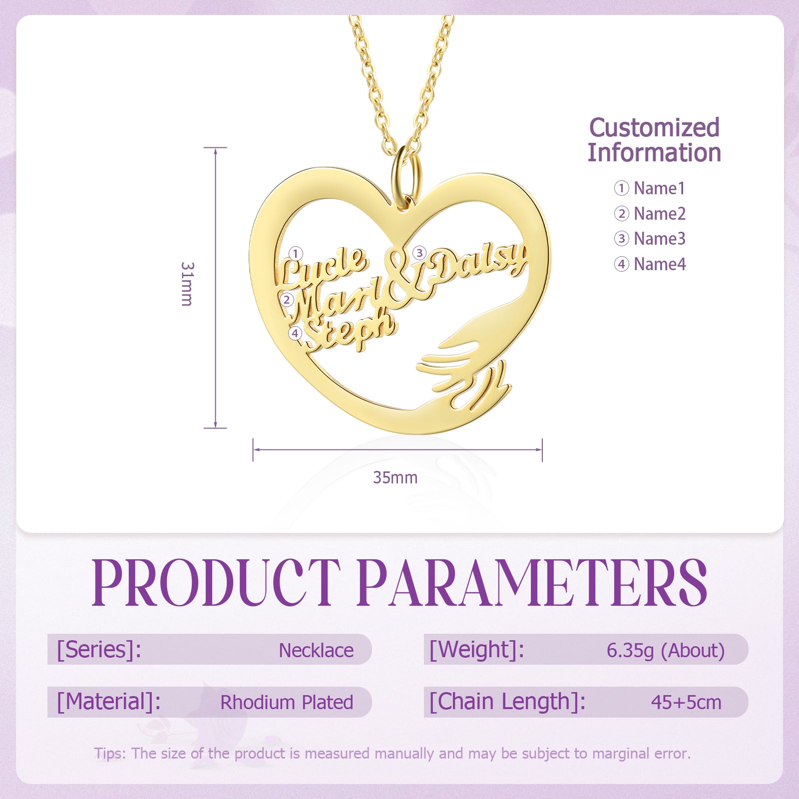 Gold plated heart-shaped necklace with two names inside and a hugging hand detail, 35mm wide.
