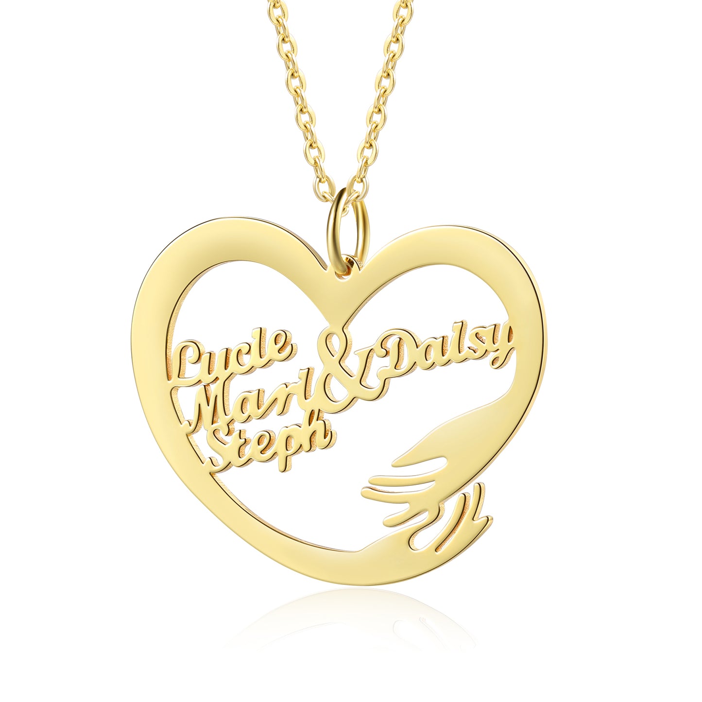 Gold plated heart-shaped necklace pendant with personalized names and a hugging hand design.
