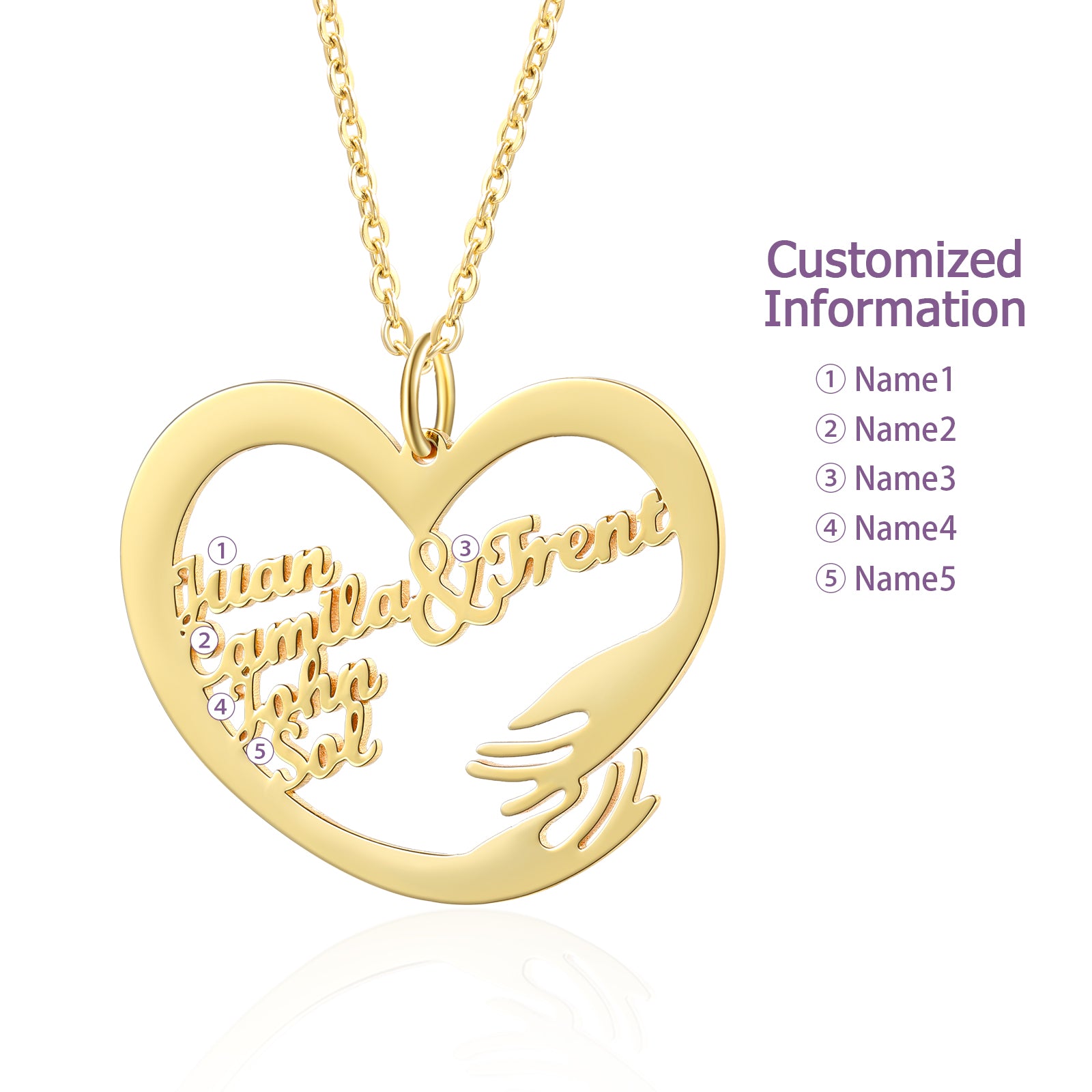 Gold-plated heart-shaped necklace with hands hugging and custom names inside.