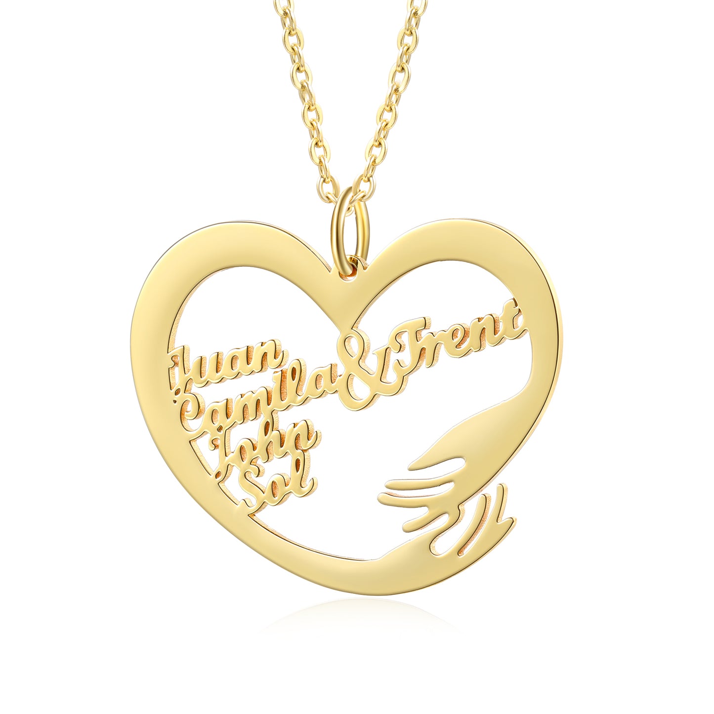 Gold plated heart-shaped necklace with custom names forming the heart, featuring a hand detail at the bottom right.