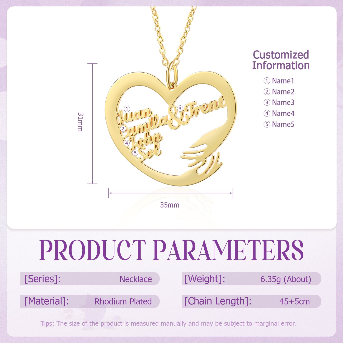 Gold plated heart-shaped pendant necklace with custom name and hugging hand design, 35mm wide.