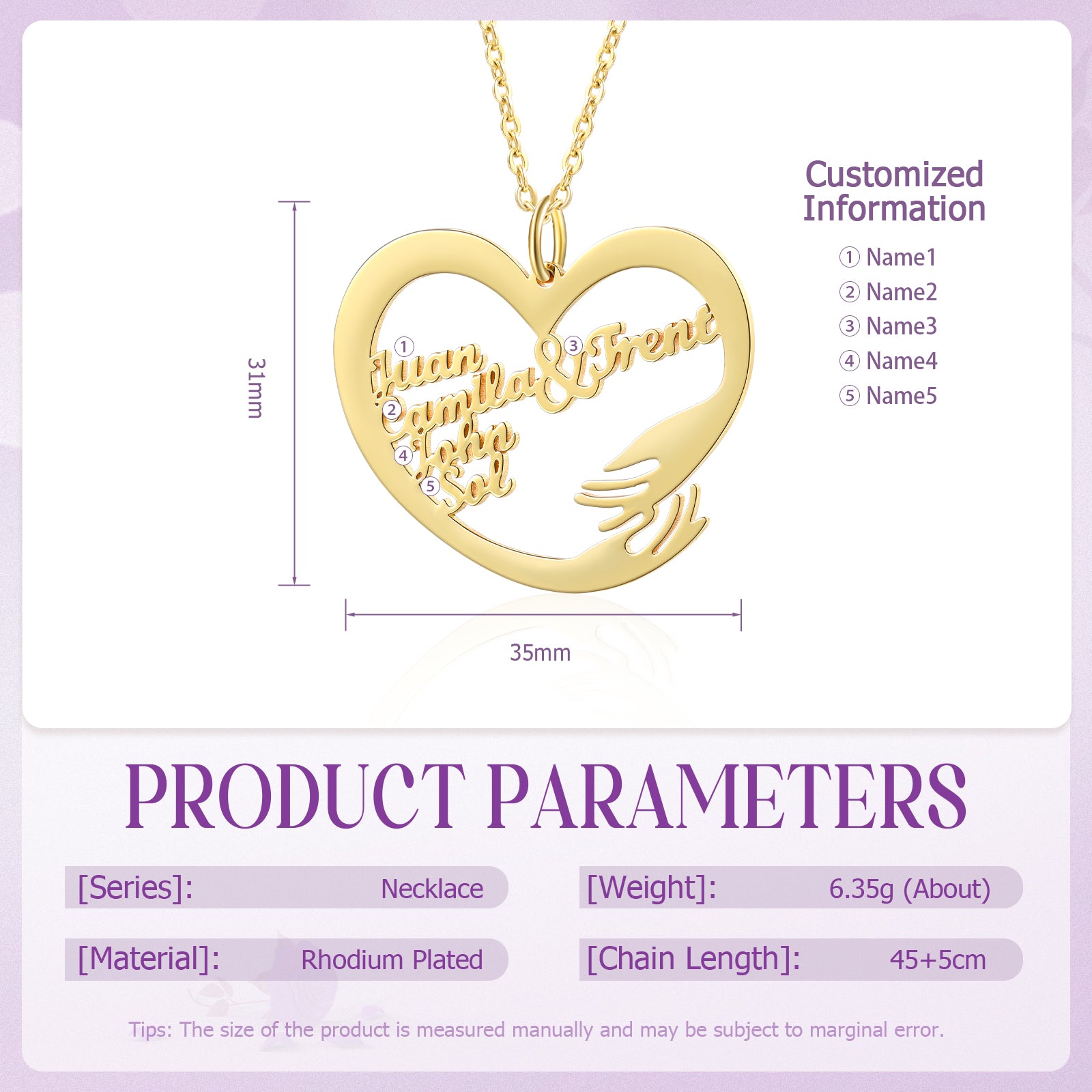 Gold plated heart-shaped pendant necklace with custom name and hugging hand design, 35mm wide.