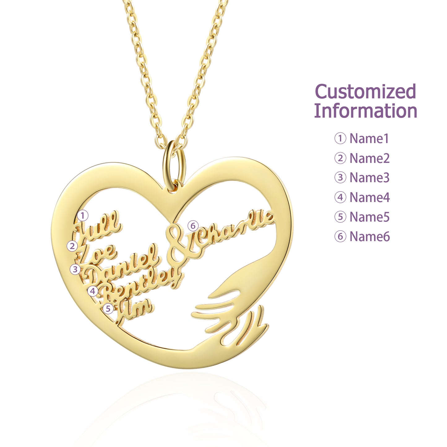 Gold plated heart necklace with two stylized hugging arms and custom cursive names inside.