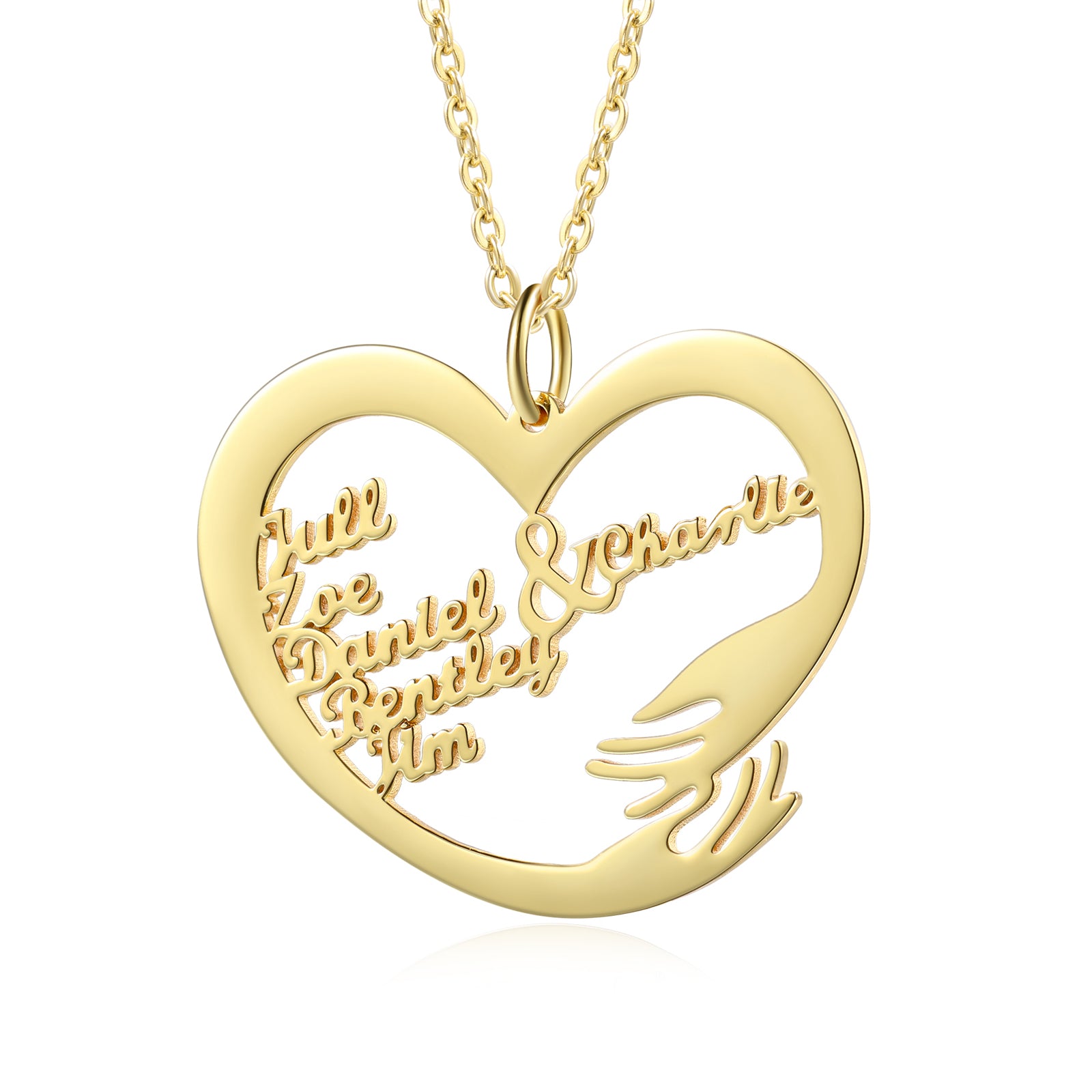 Gold plated heart-shaped necklace pendant with custom names embraced by a hand design.