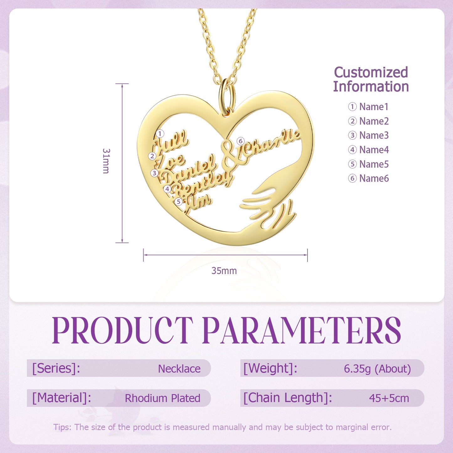 Gold plated heart-shaped necklace with two arms hugging custom names inside.