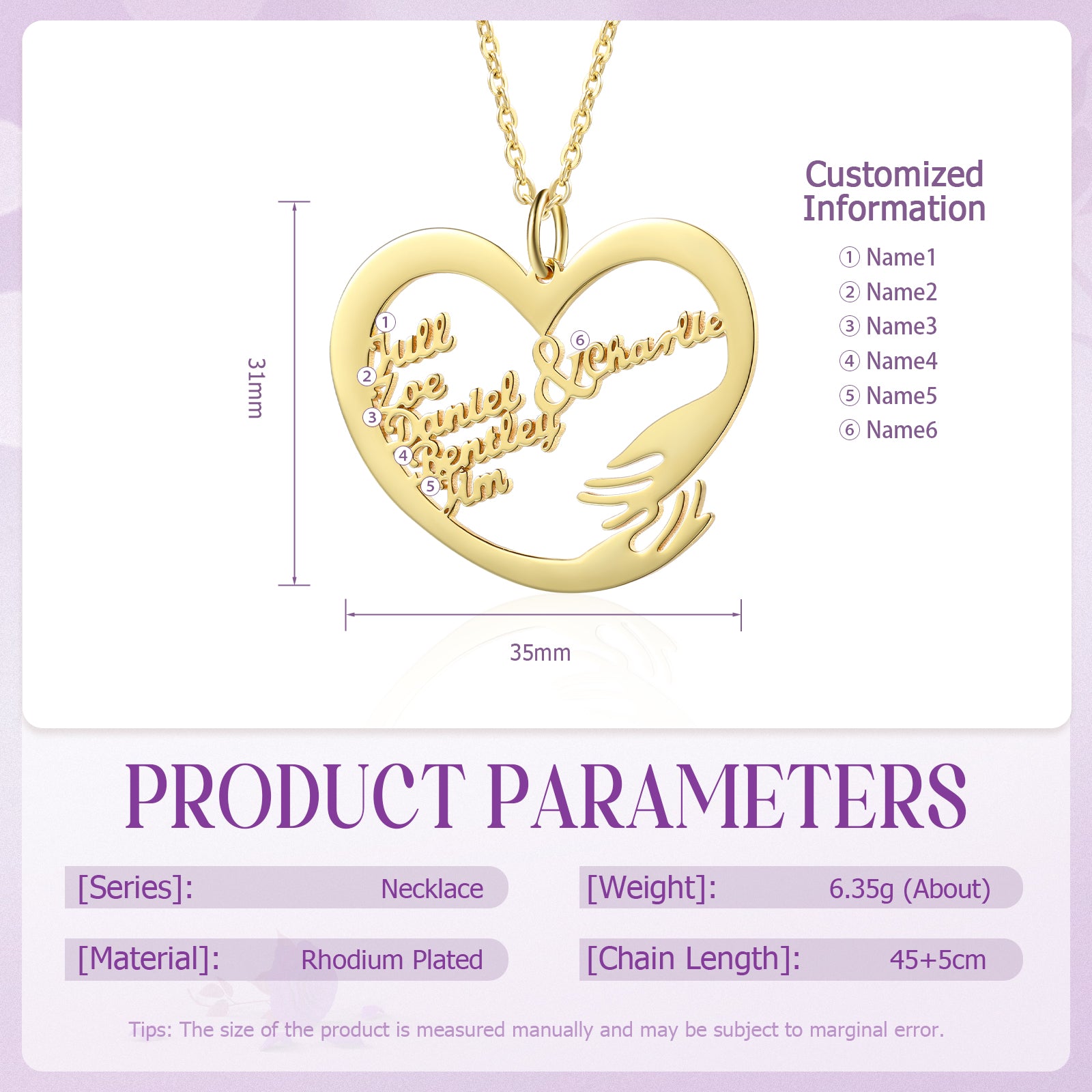 Gold plated heart-shaped necklace with two arms hugging custom names inside.