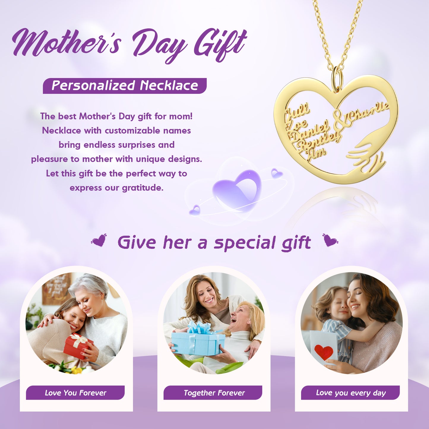 Gold plated custom name necklace with two hugging figures pendant on delicate chain.