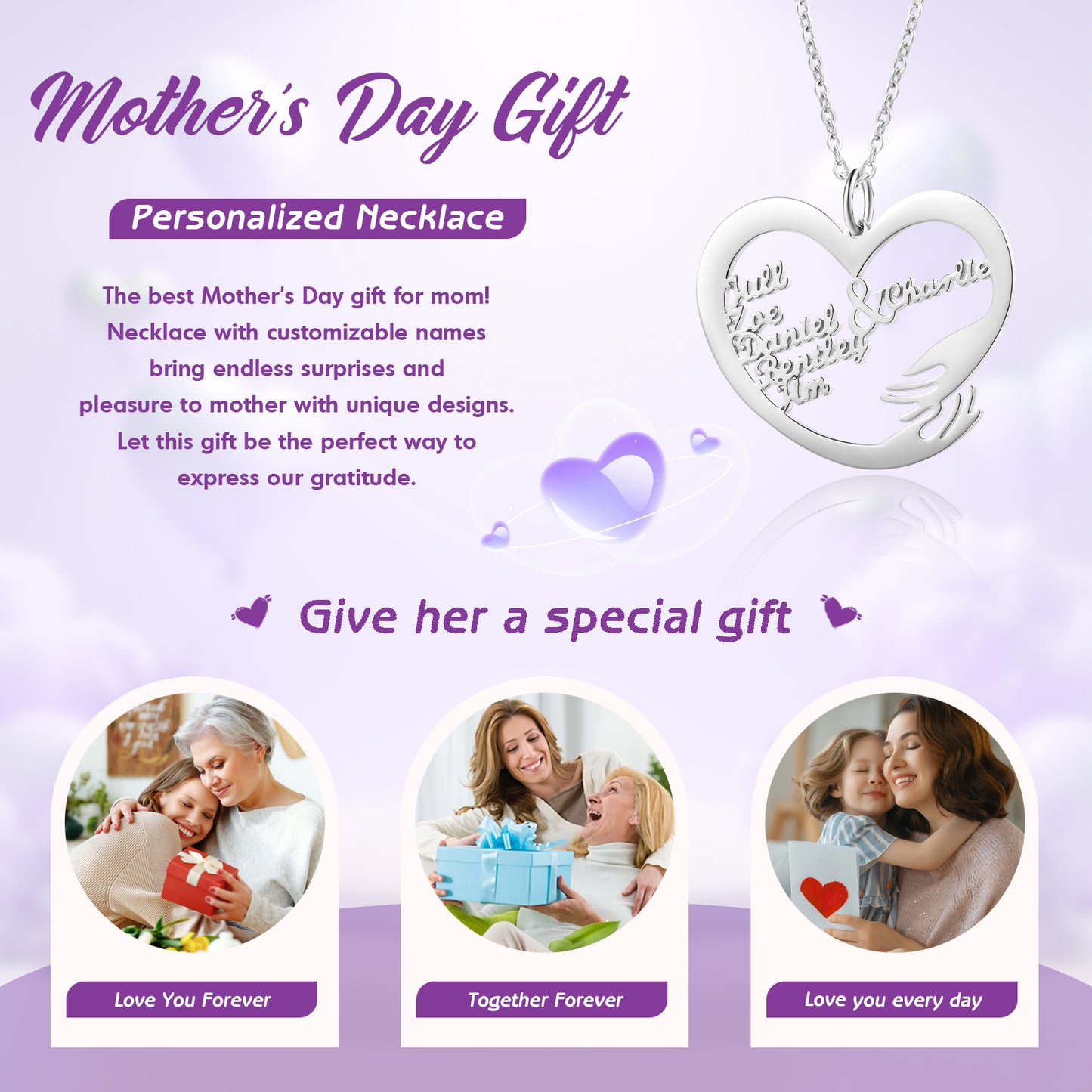 Silver pendant necklace with two intertwined hearts on a delicate chain against a white background.