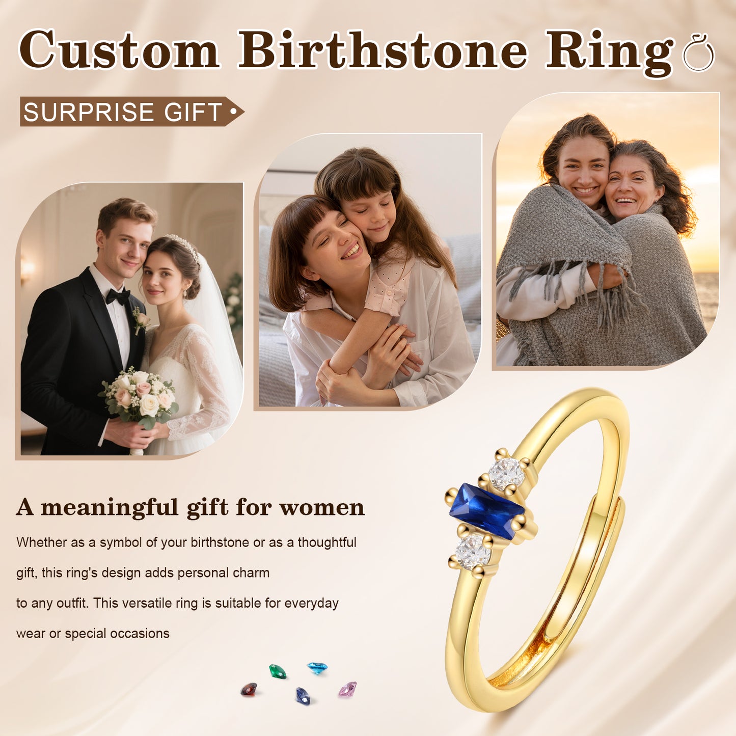 Brass personalized birthstone ring