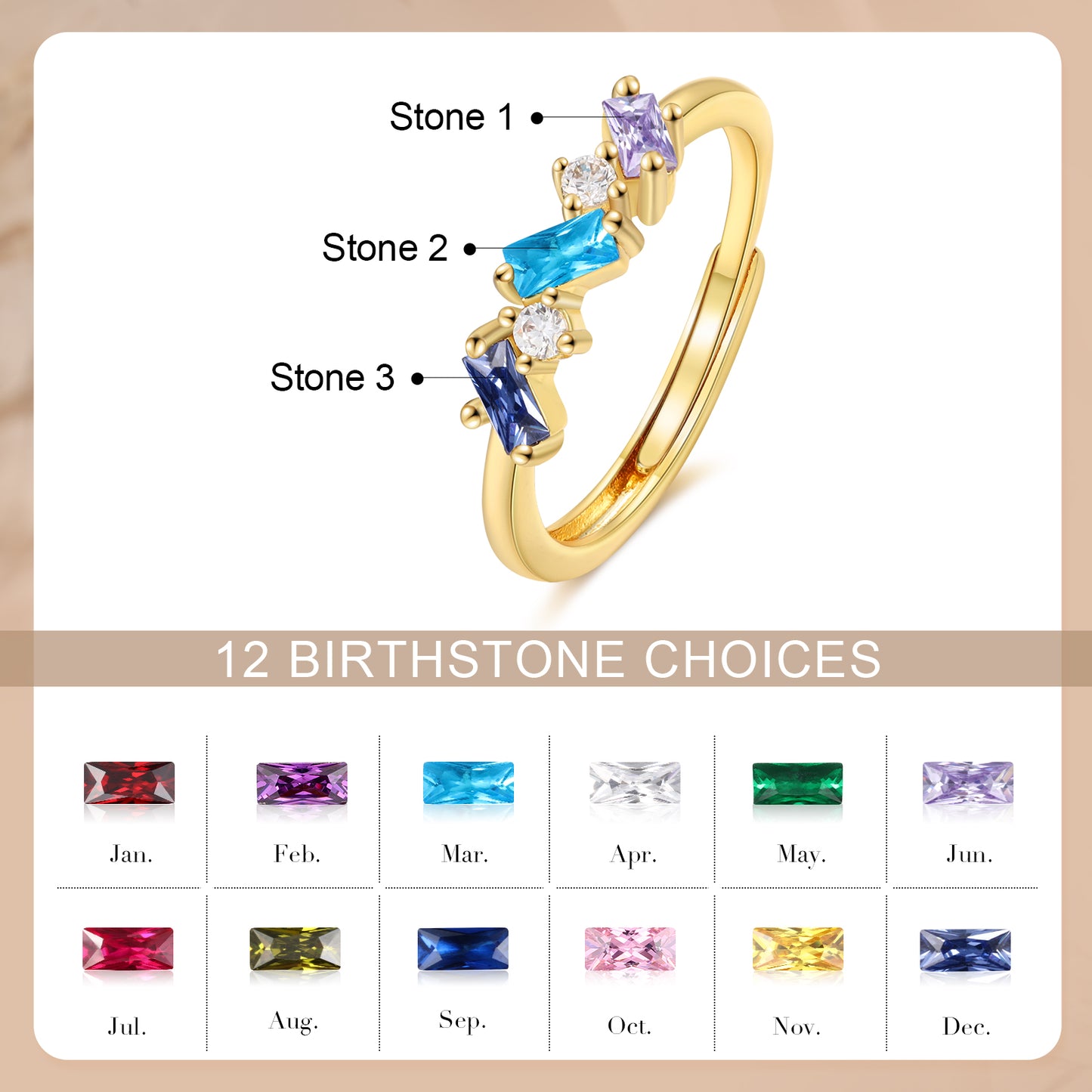 Brass personalized birthstone ring