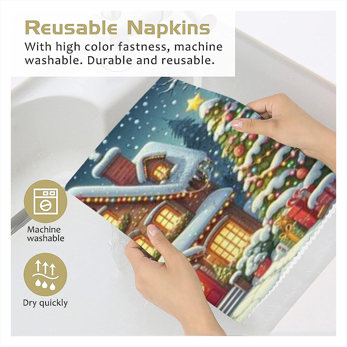 Christmas House Napkin Fabric｜ Polyester by ChristmasLoving.Shop