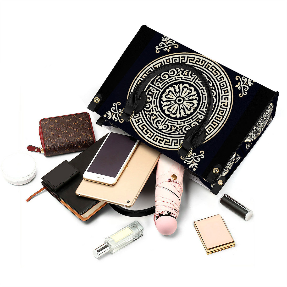 Luxury Women PU Tote Bag - Black with white circle