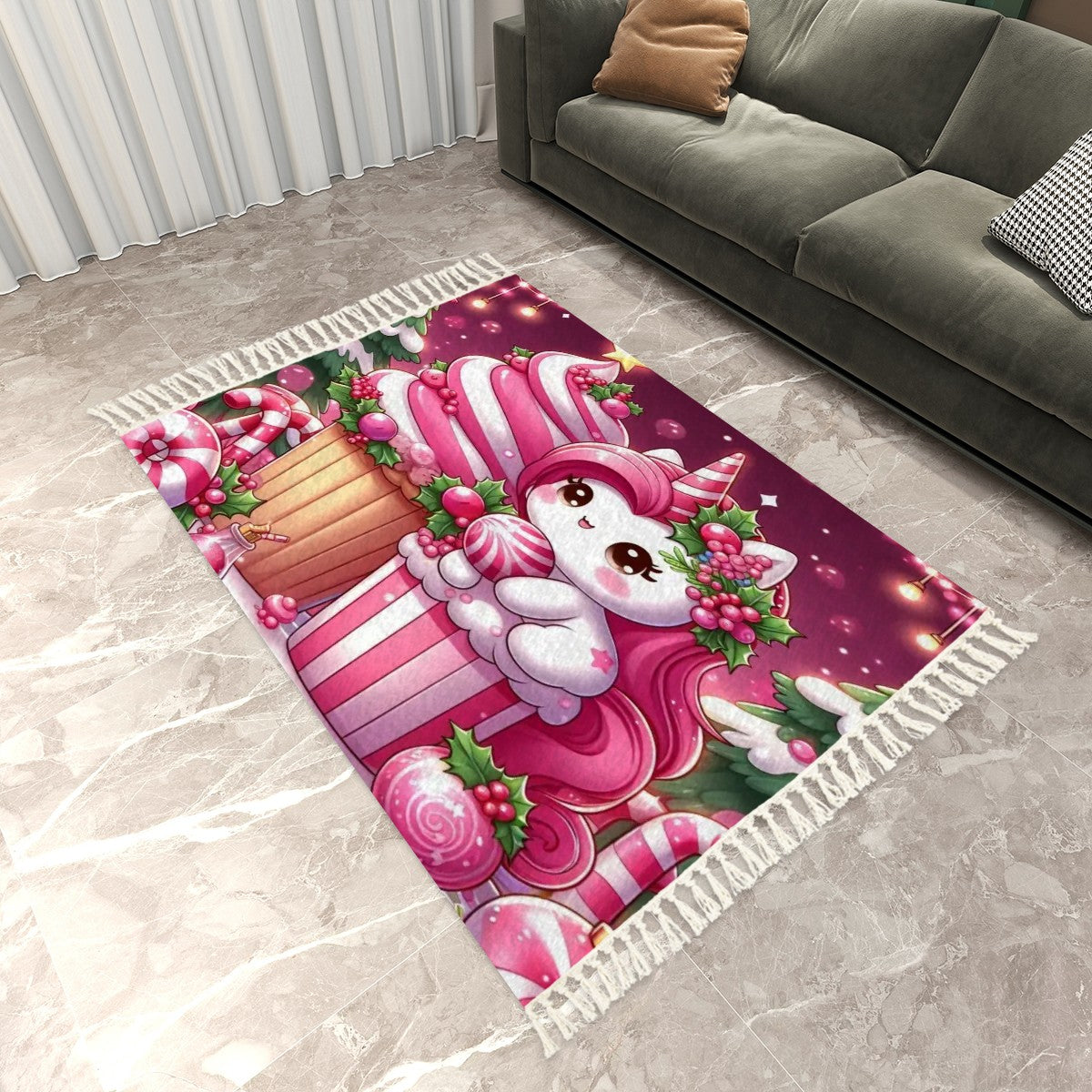 Pink Unicorn Christmas Area Rug with Tassels (8:5) by My Store