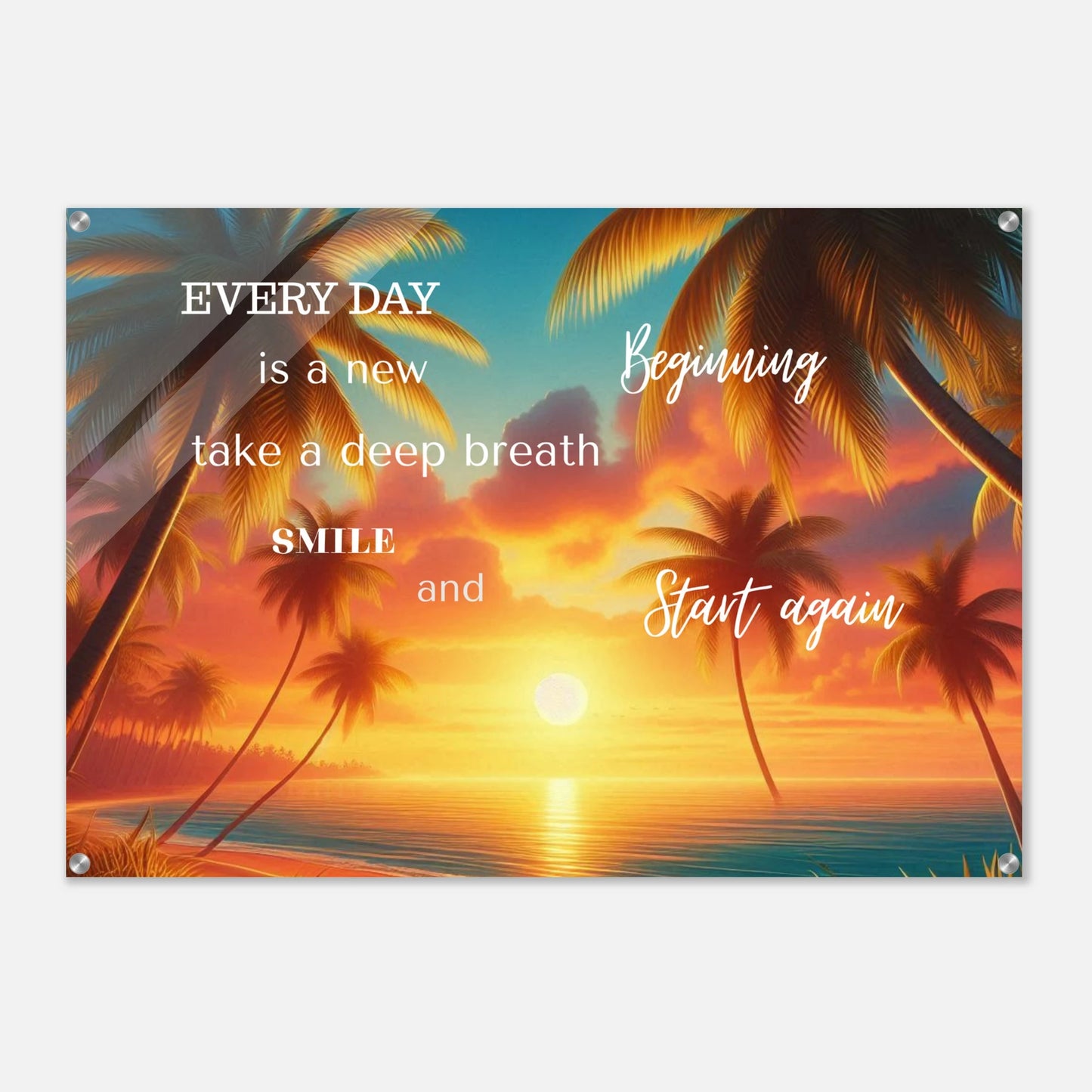 Tropical sunset scene with palm trees and motivational text on a white background