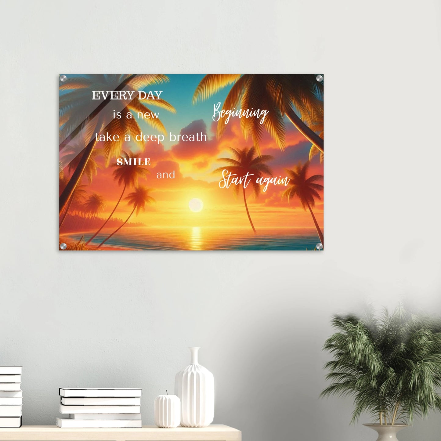 Wall art with sunset and palm trees design on a white wall.
