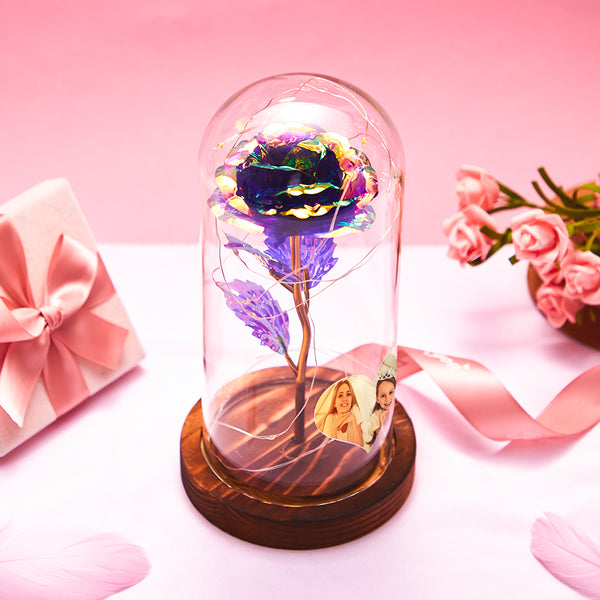 Heart-shaped photo LED night light with purple eternal rose in glass dome, romantic gift