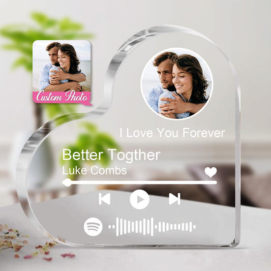 Personalized heart-shaped acrylic Spotify music photo frame gift, clear with a photo and Spotify code.