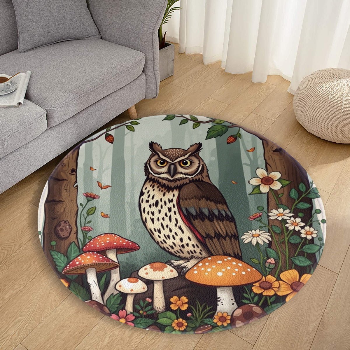Forest Owl & Mushroom Round Rug – Woodland Animal Circle Rug - JewelryLuxeUS.Shop