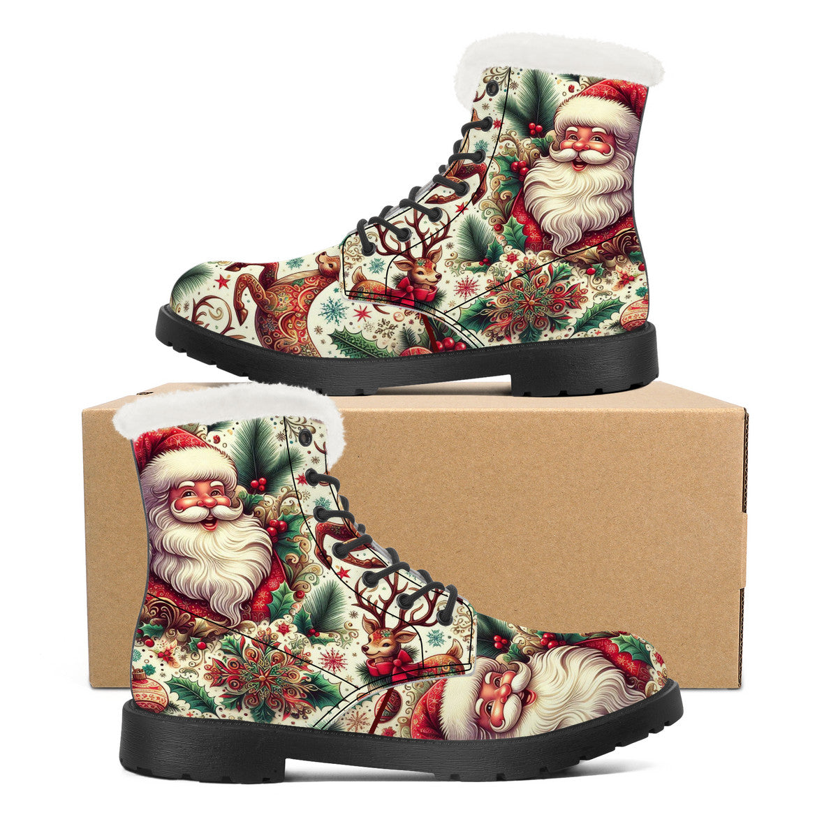 Santa Claus Christmas reindeers  Faux Fur Synthetic Leather Boot