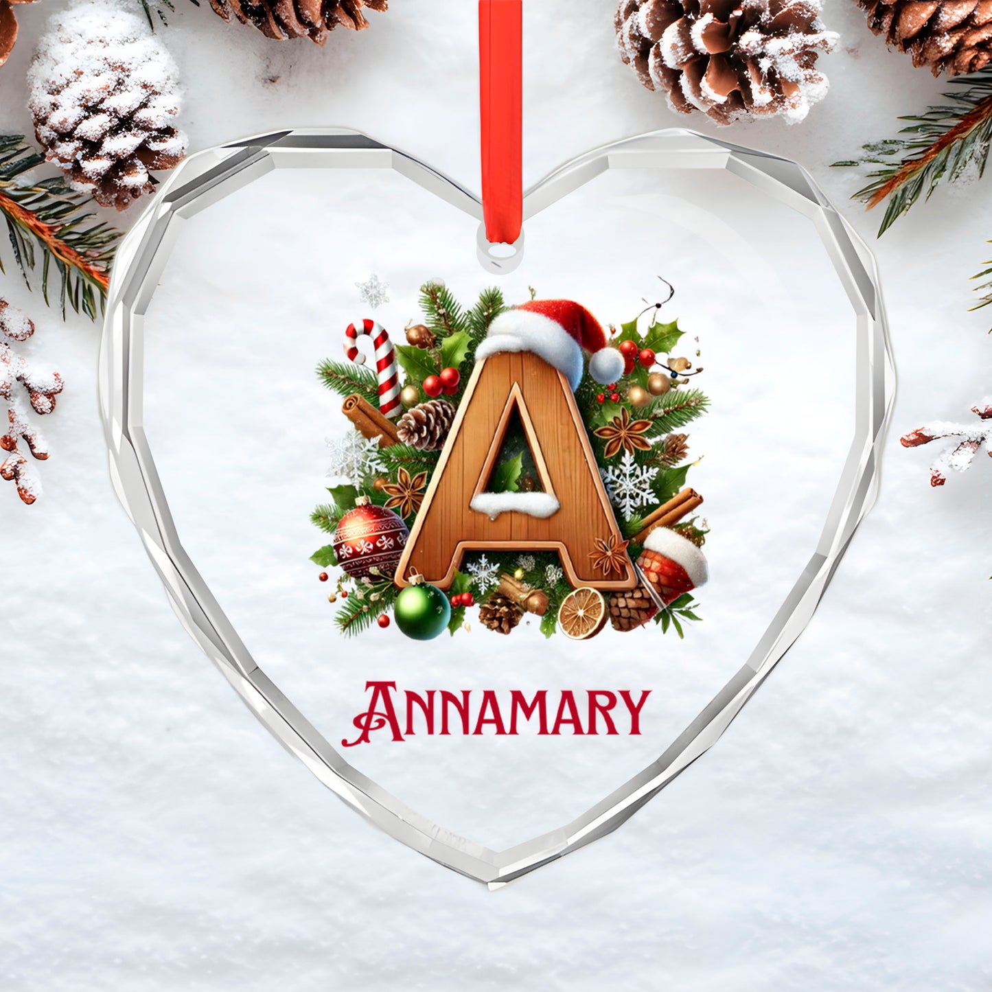 Christmas Letter and Name personalized Glass Heart Ornament by JewelryLuxeUS.store