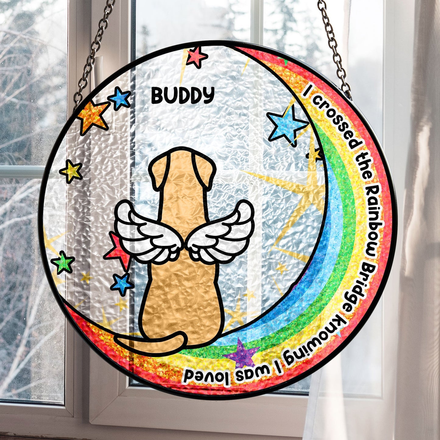 I Crossed The Rainbow Bridge - Personalized Stained Glass Window Hanging Suncatcher - JewelryLuxeUS.Shop