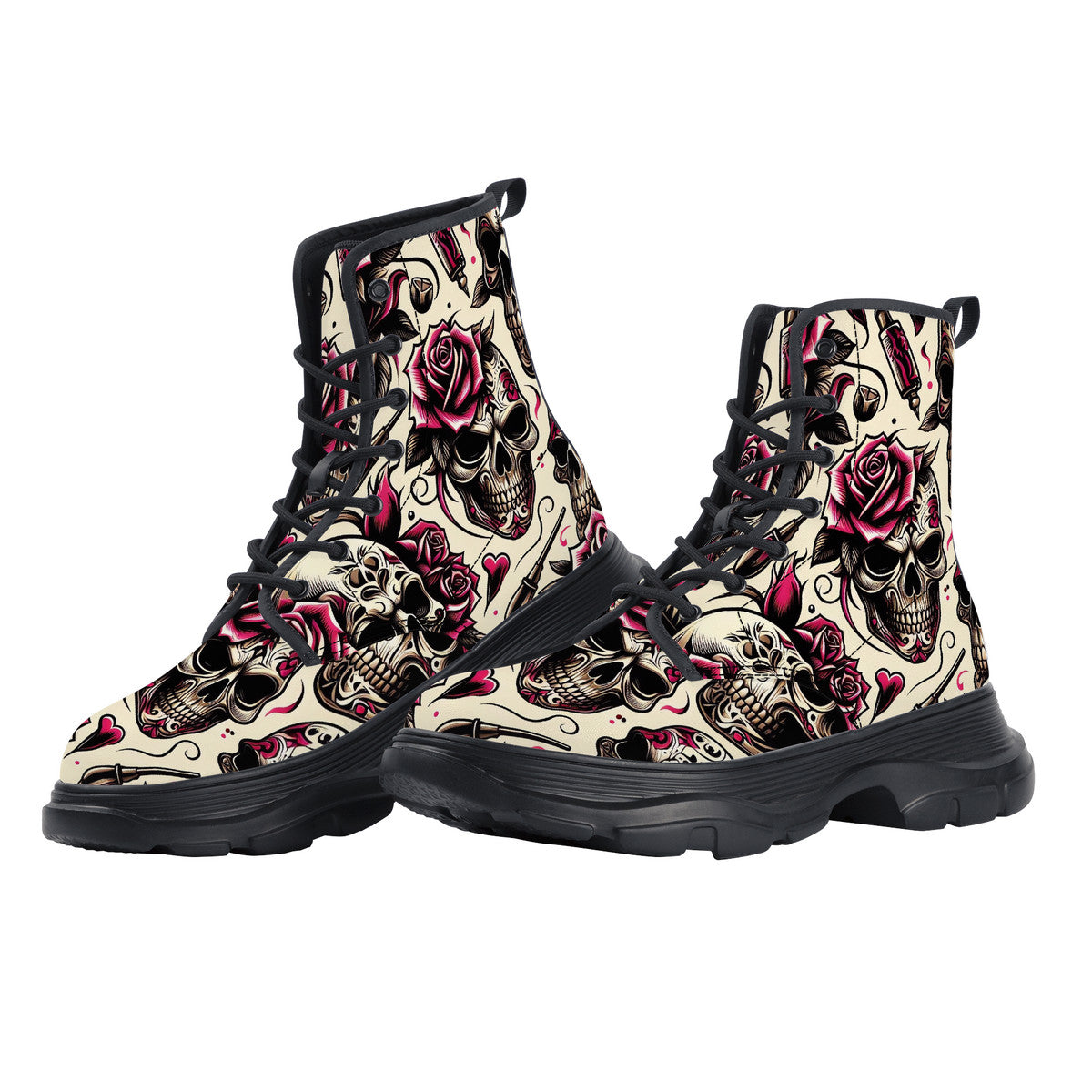 Skull and Rose Chunky Boots