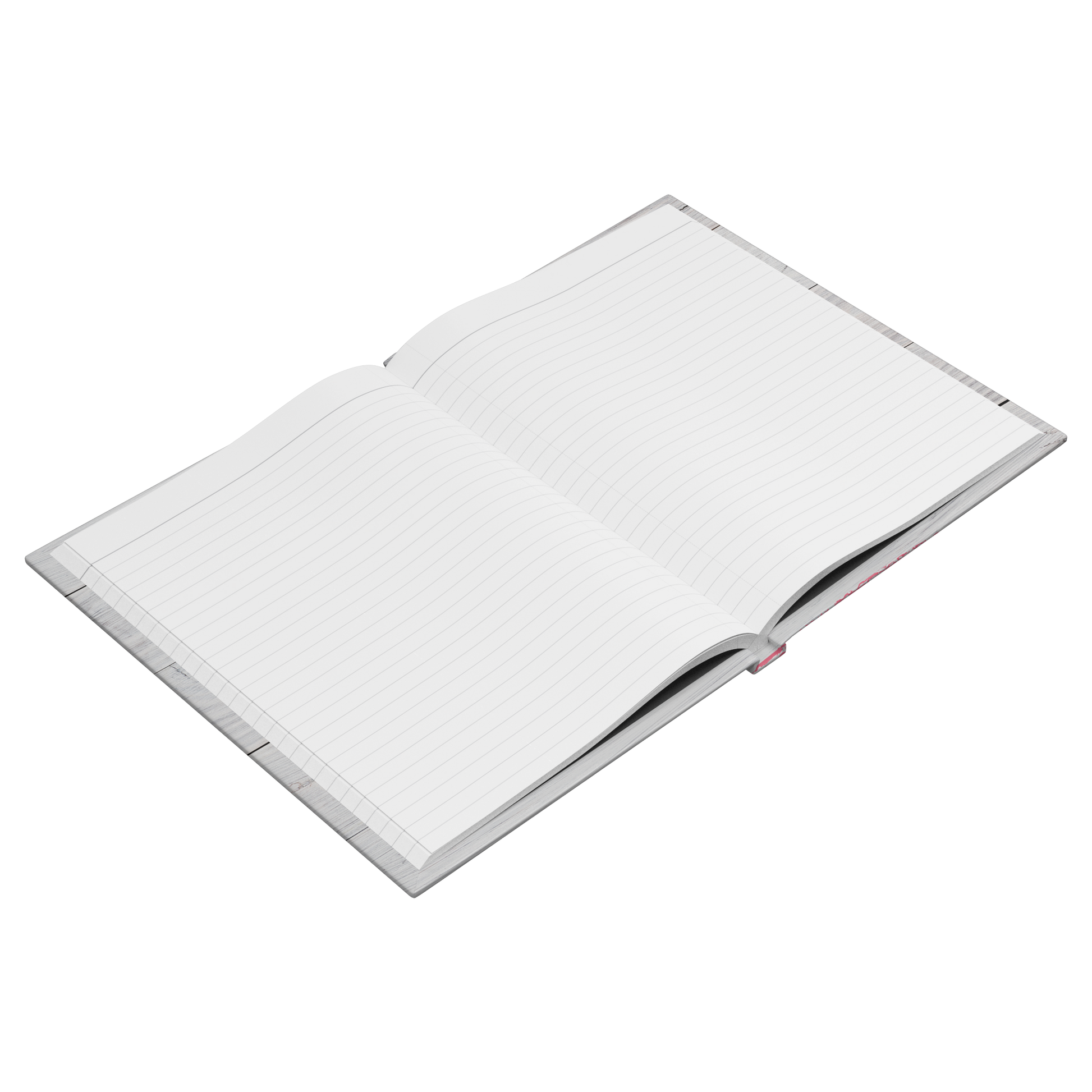 Open lined journal with white pages and grey hardcover lying flat.