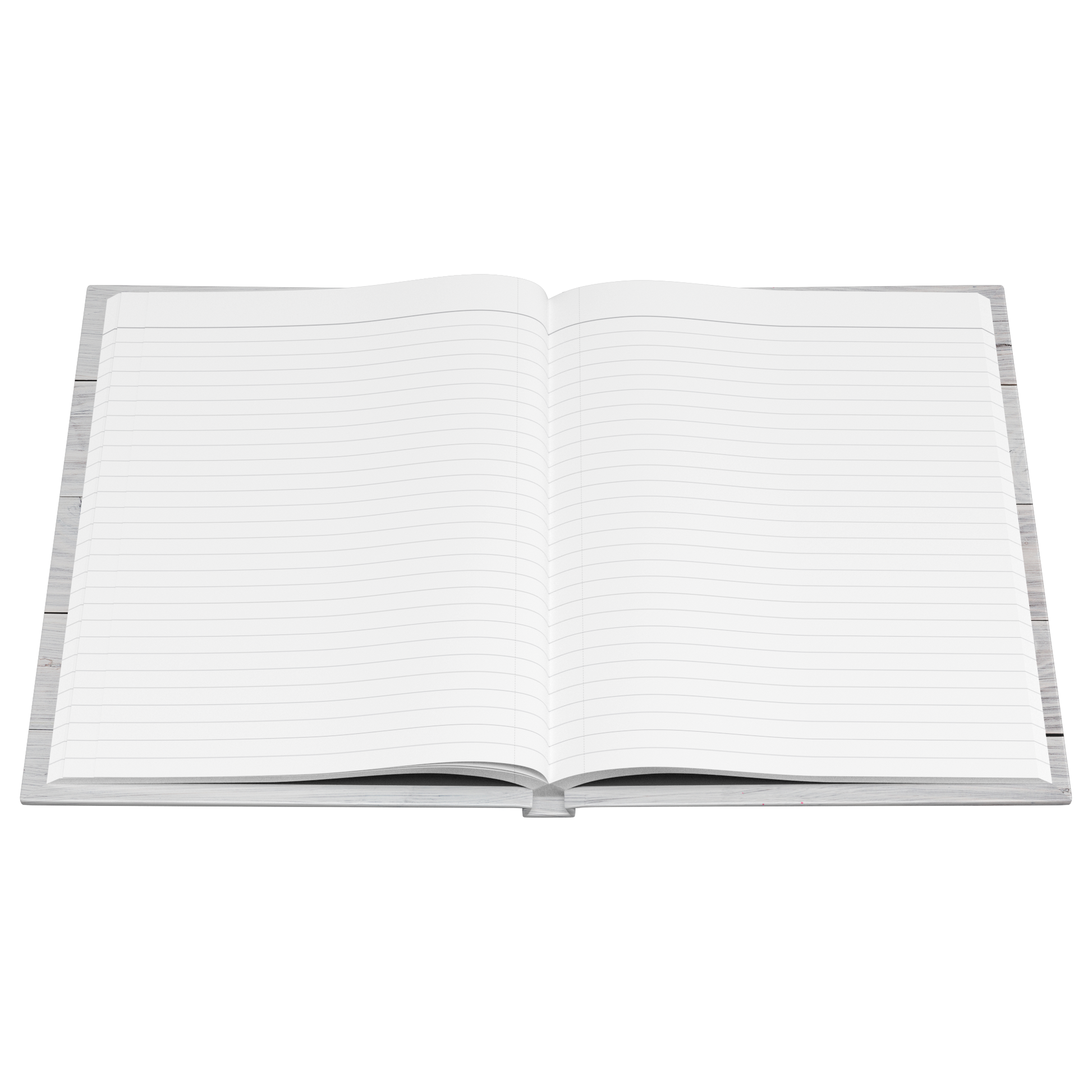 Open memorial journal with lined white pages and a grey hardcover visible beneath.