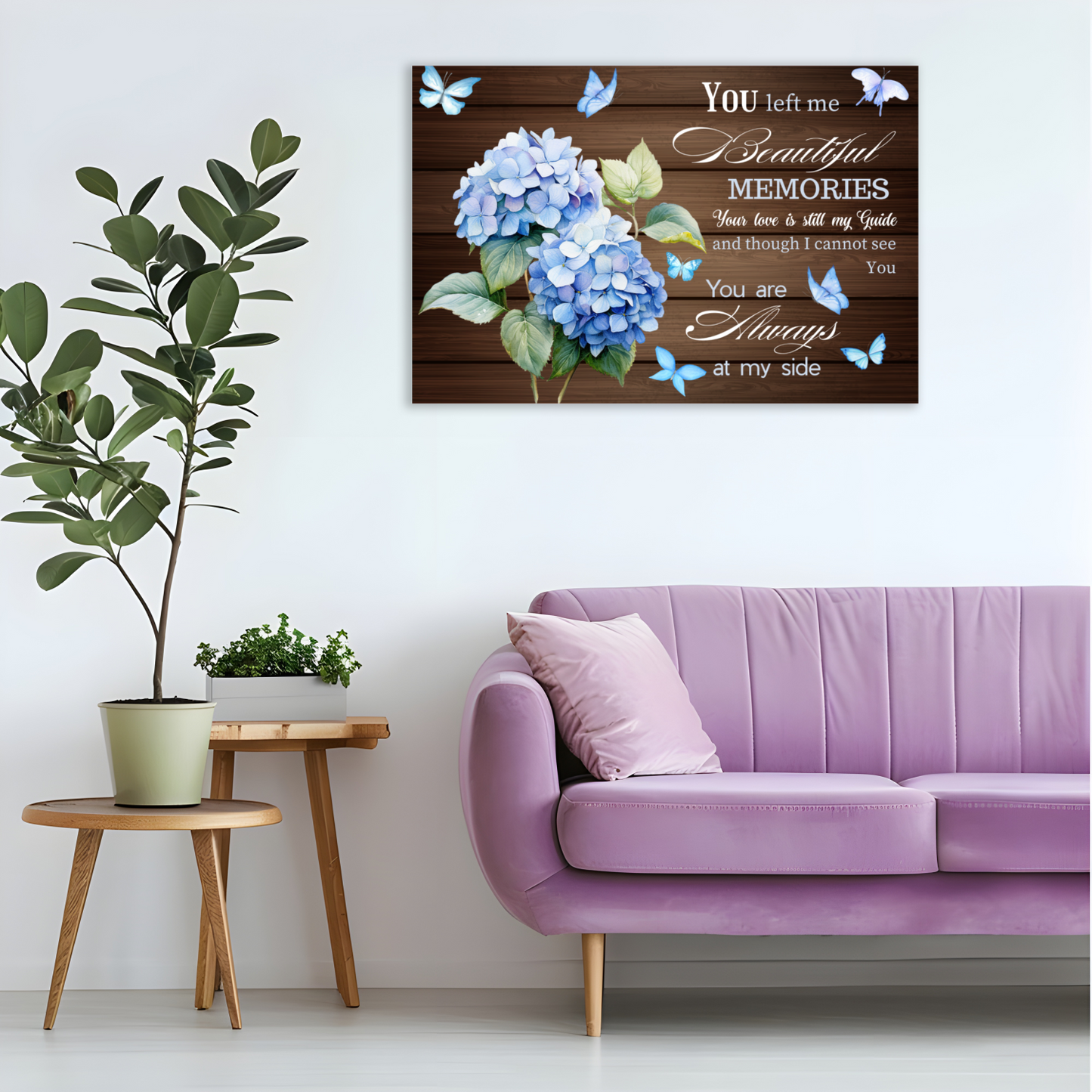 Memorial Canvas Wall Art – “You Left Me Beautiful Memories” Quote with Hydrangeas | Remembrance Gift for Loss of Loved One by MyPrintStreet