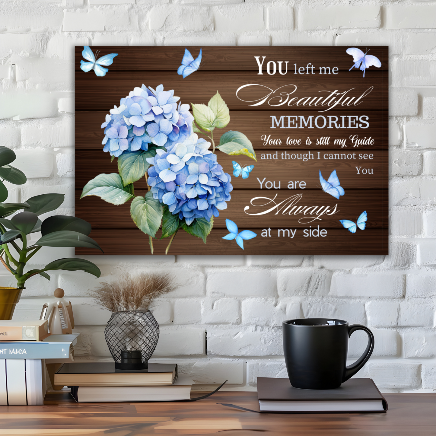 Memorial Canvas Wall Art – “You Left Me Beautiful Memories” Quote with Hydrangeas | Remembrance Gift for Loss of Loved One by MyPrintStreet