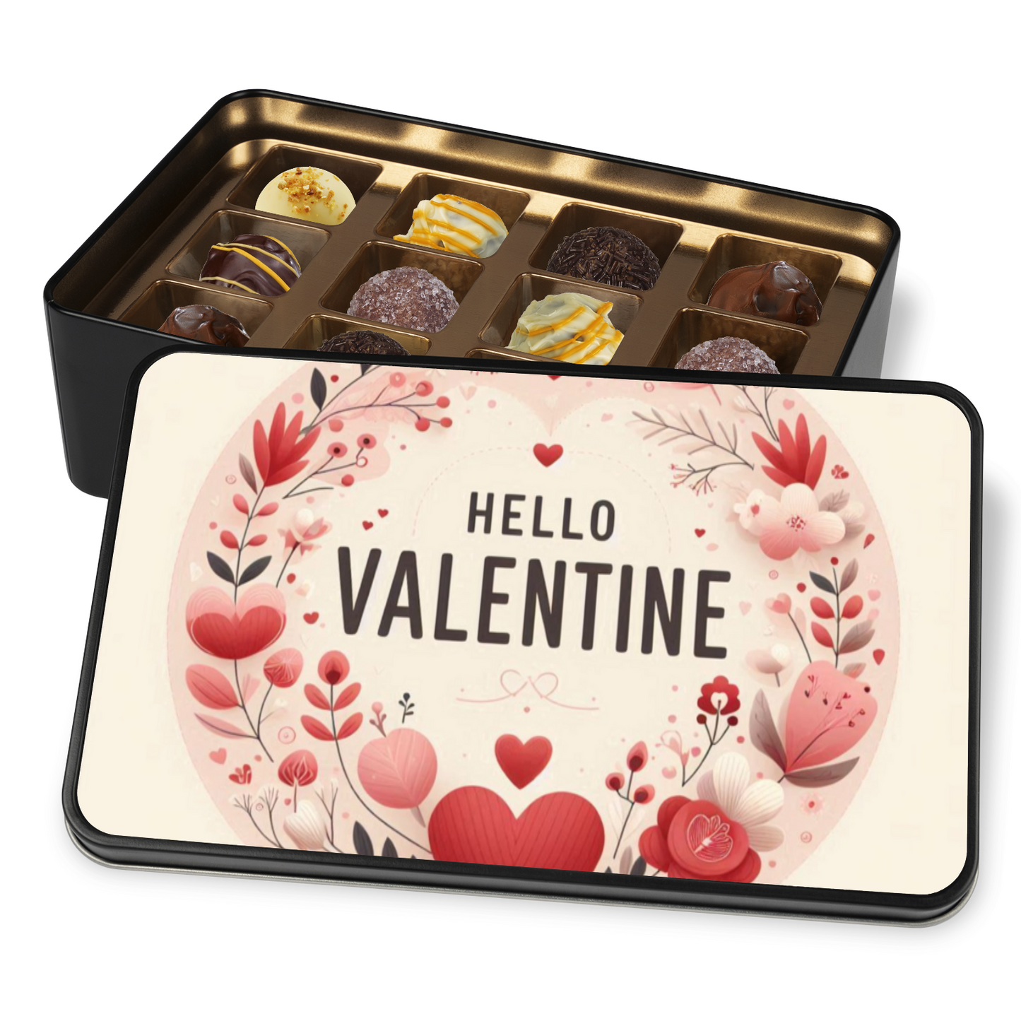 Tin of 12 Hand Made Truffles Hello Valentine, Valentine's Day Gift